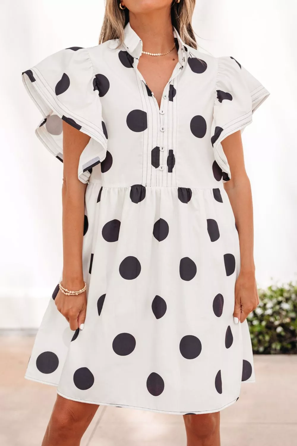 Polka Dot Print Half Button Ruffled Short Sleeve Loose Mini Dress