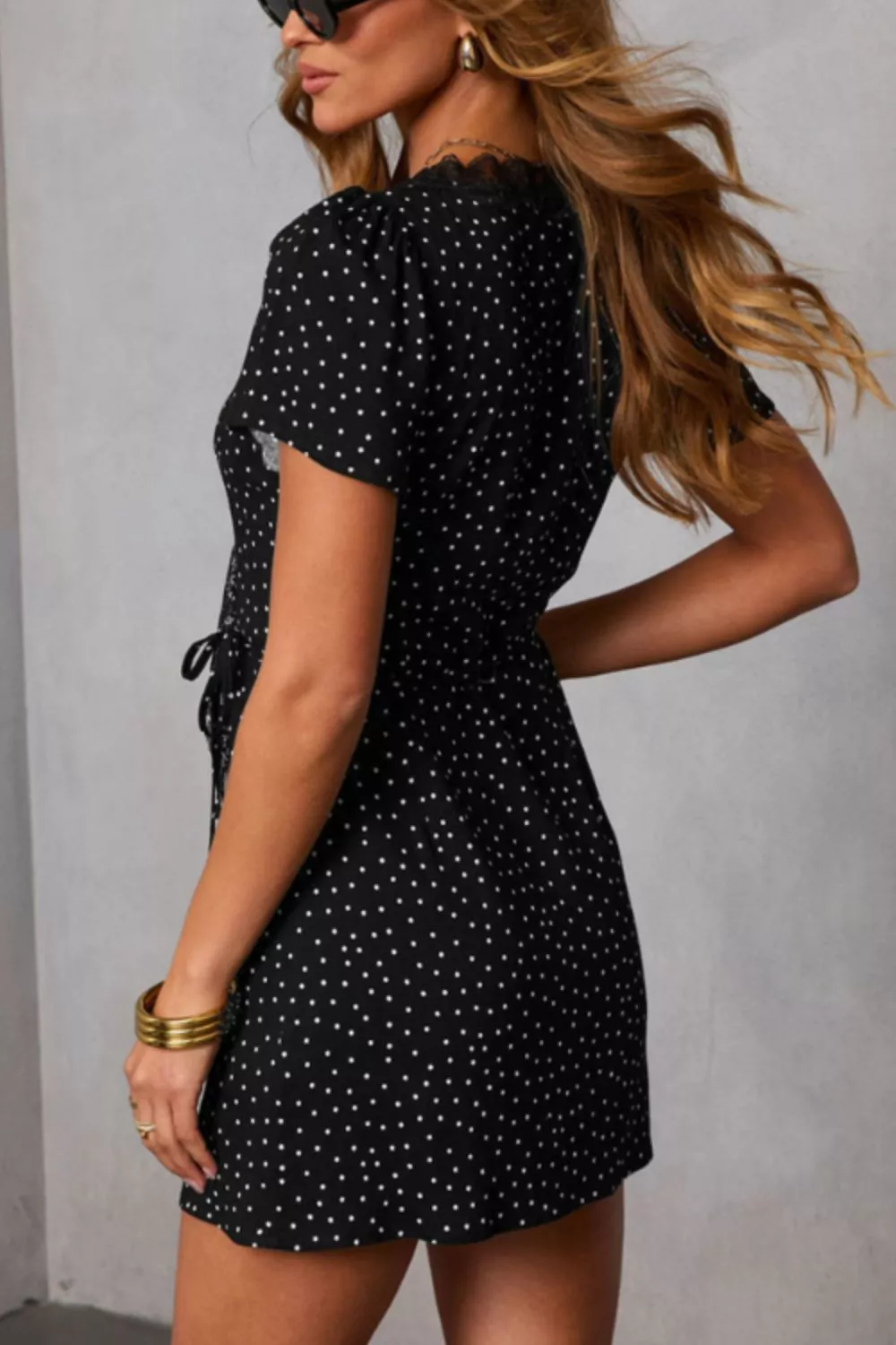 Polka Dot Print Lace Trim Wrap Mini Dress - Image 4