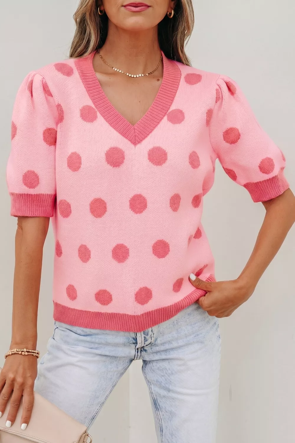 Polka Dot Puff Short Sleeve Sweater Top - Image 2