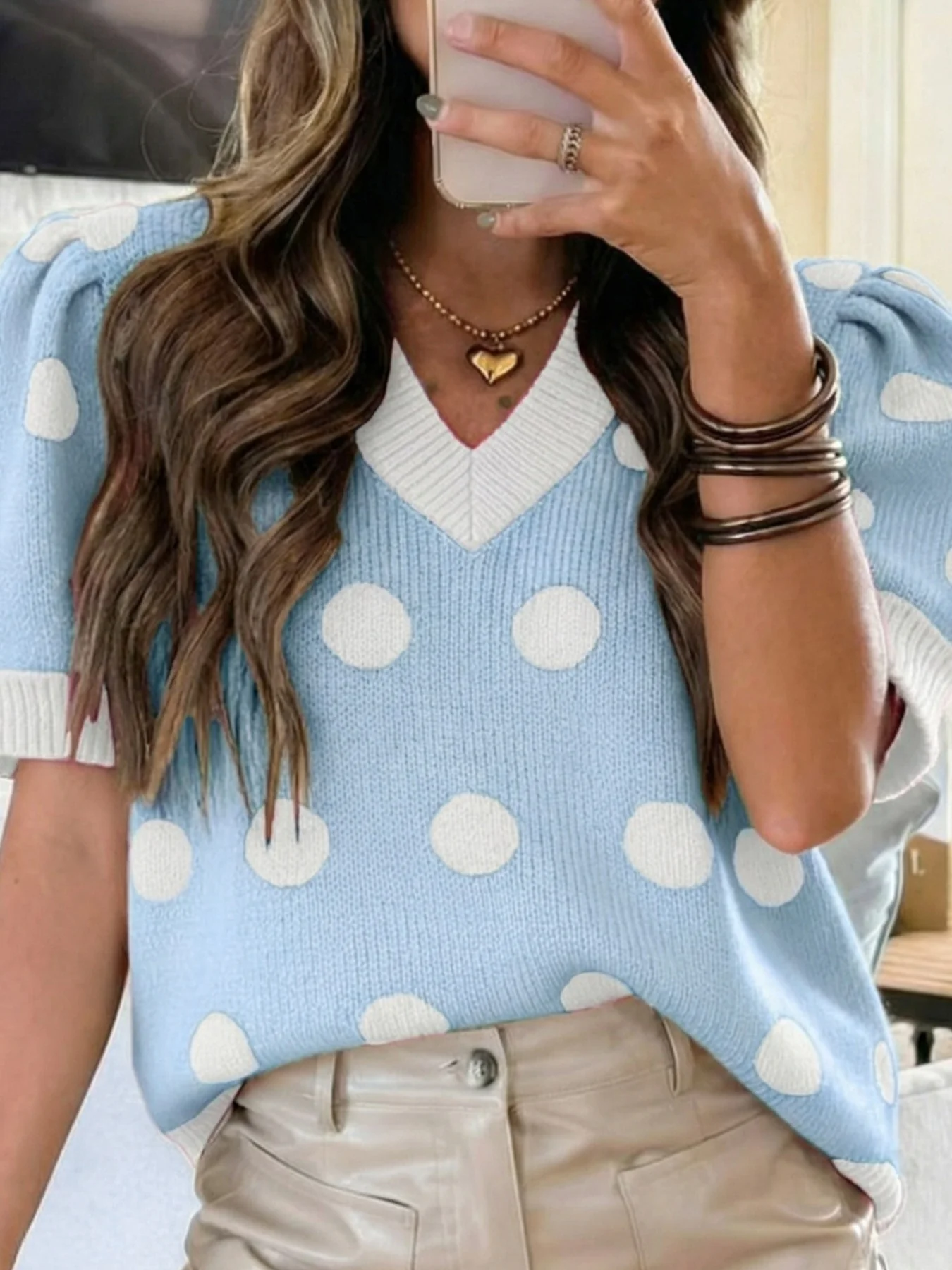Polka Dot Puff Sleeve Sweater - Image 3