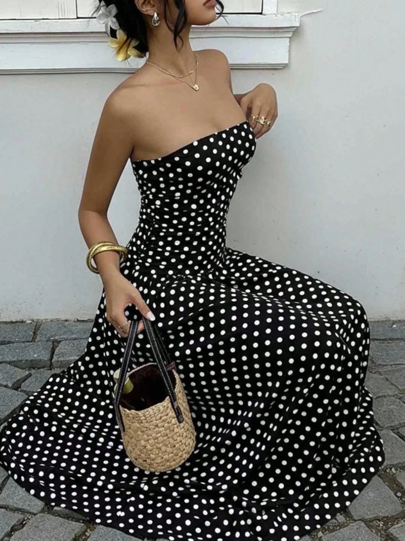 Polka Dot Ruched Strapless Maxi Dress - Image 10