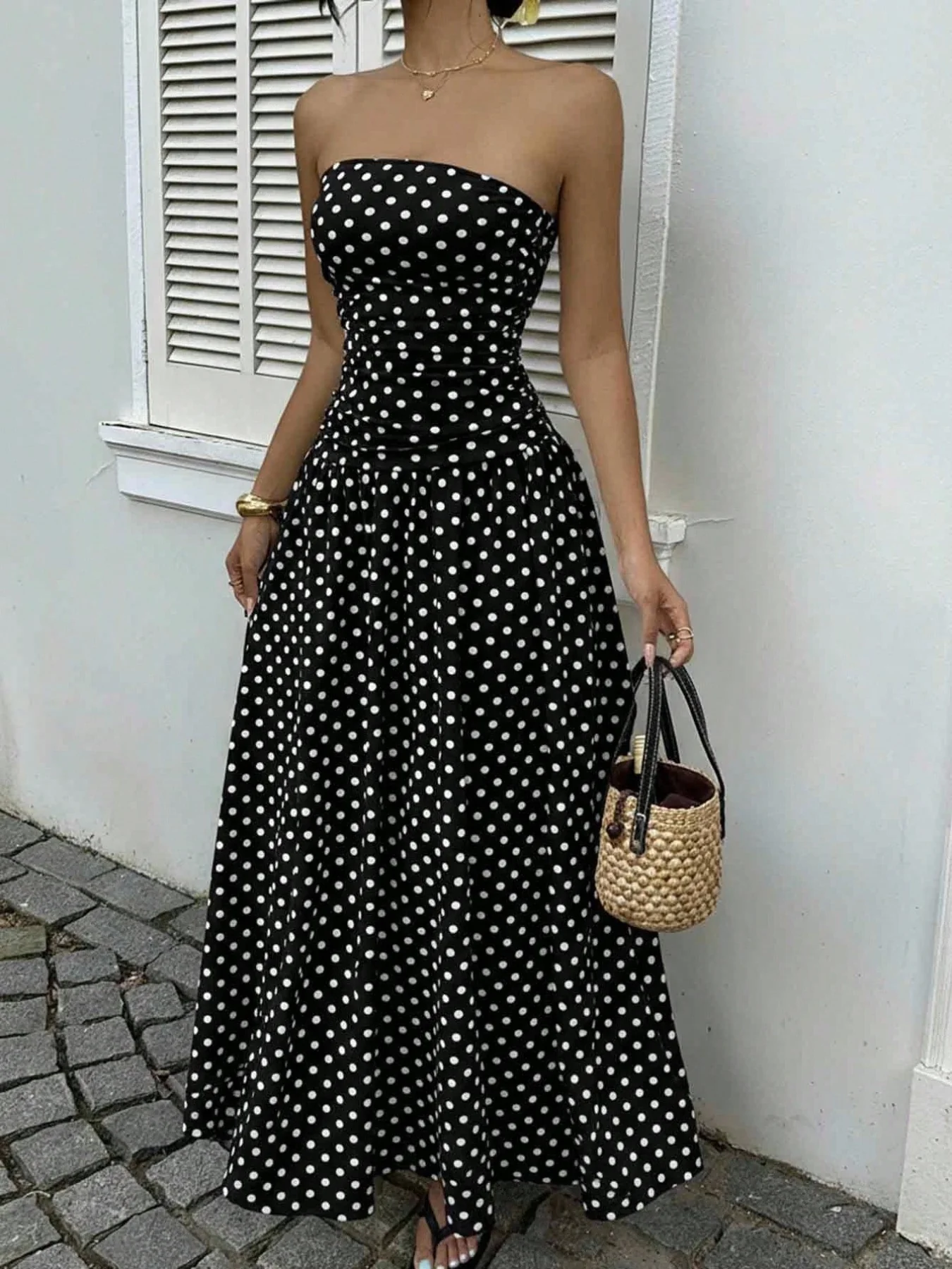 Polka Dot Ruched Strapless Maxi Dress - Image 8