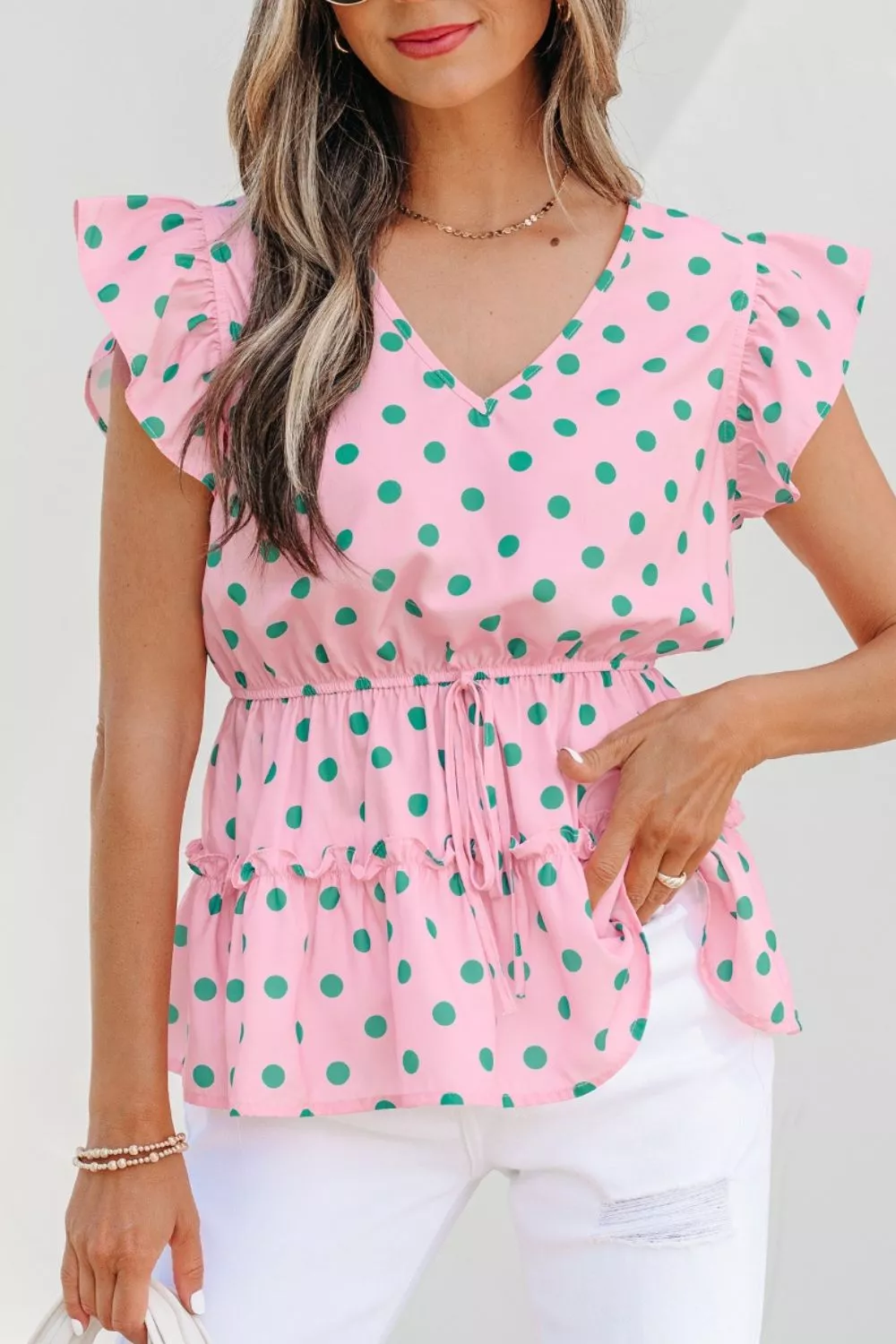 Polka Dot Ruffle Hem Blouse - Image 4