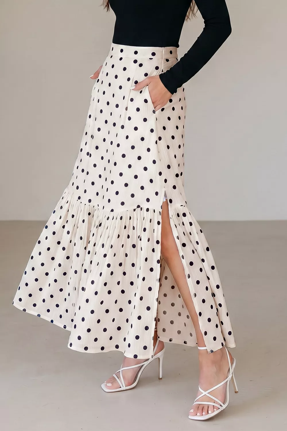 Polka Dot Ruffled Slit Maxi Skirt - Image 2