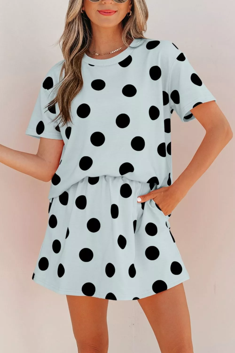 Polka Dot Short Sleeve Top Casual Skort 2pcs Outfit - Image 2
