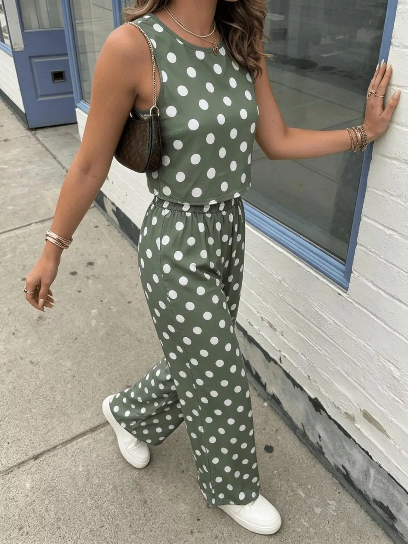 Polka Dot Sleeveless Top and Wide Leg Pants Set - Image 2