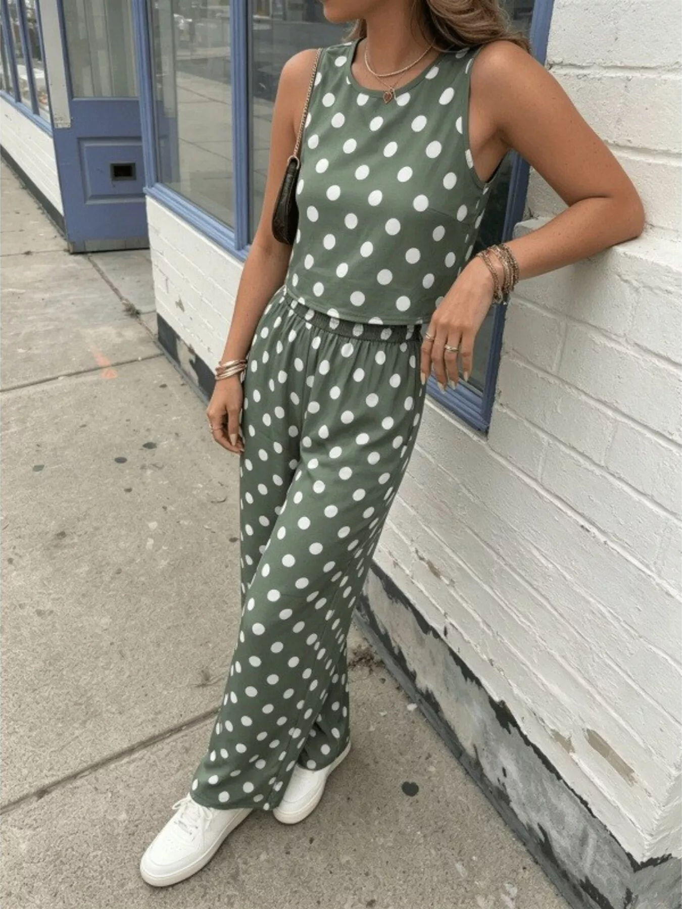 Polka Dot Sleeveless Top and Wide Leg Pants Set - Image 3