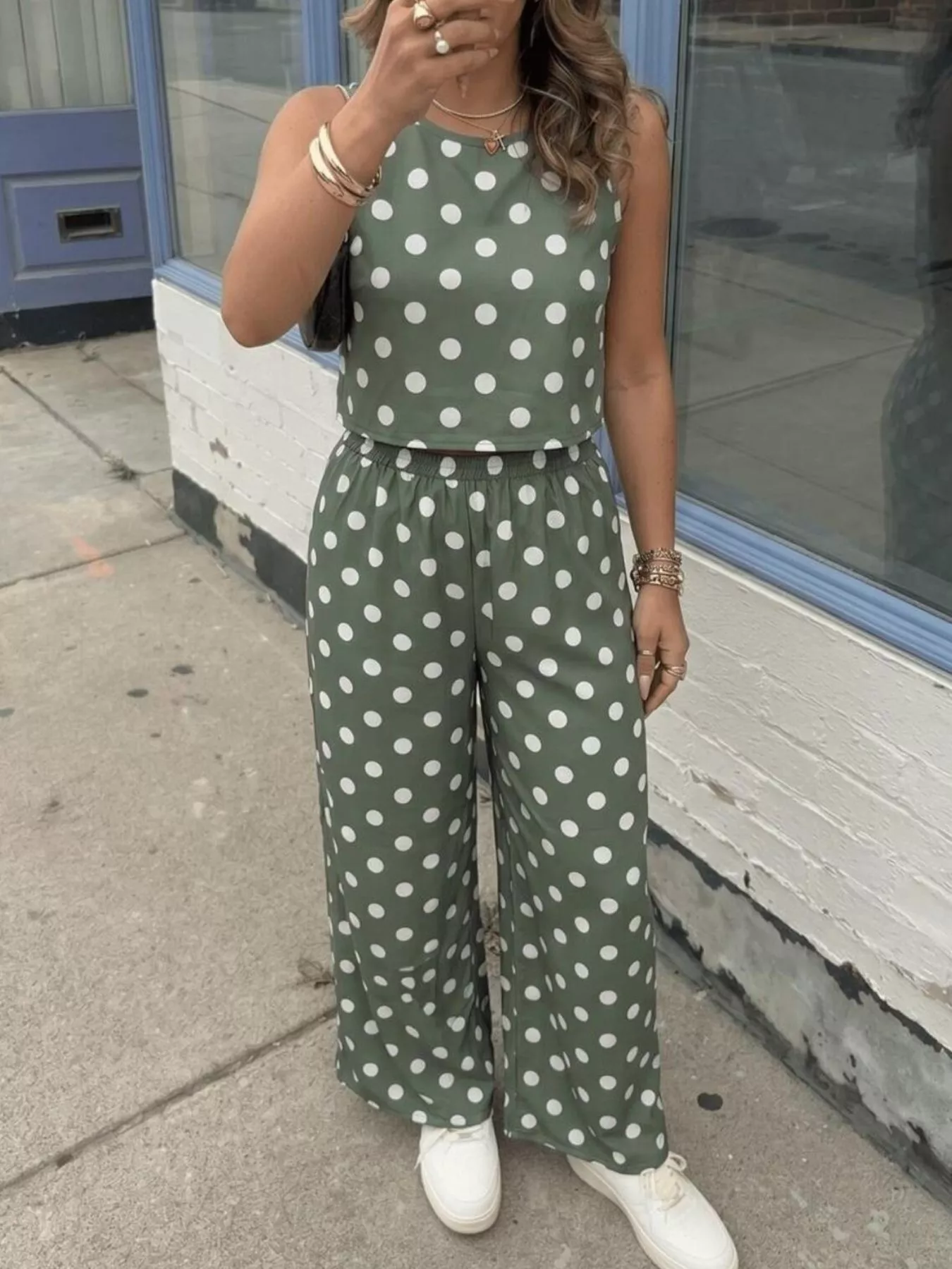 Polka Dot Sleeveless Top and Wide Leg Pants Set - Image 4