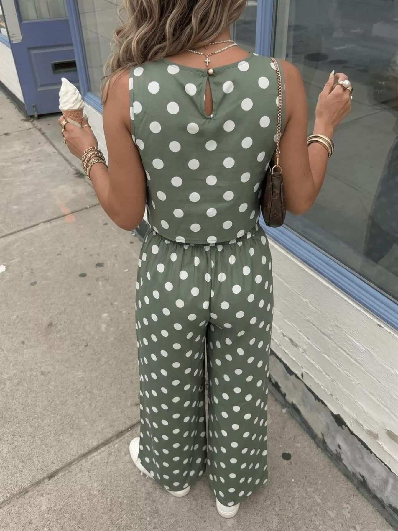 Polka Dot Sleeveless Top and Wide Leg Pants Set - Image 5