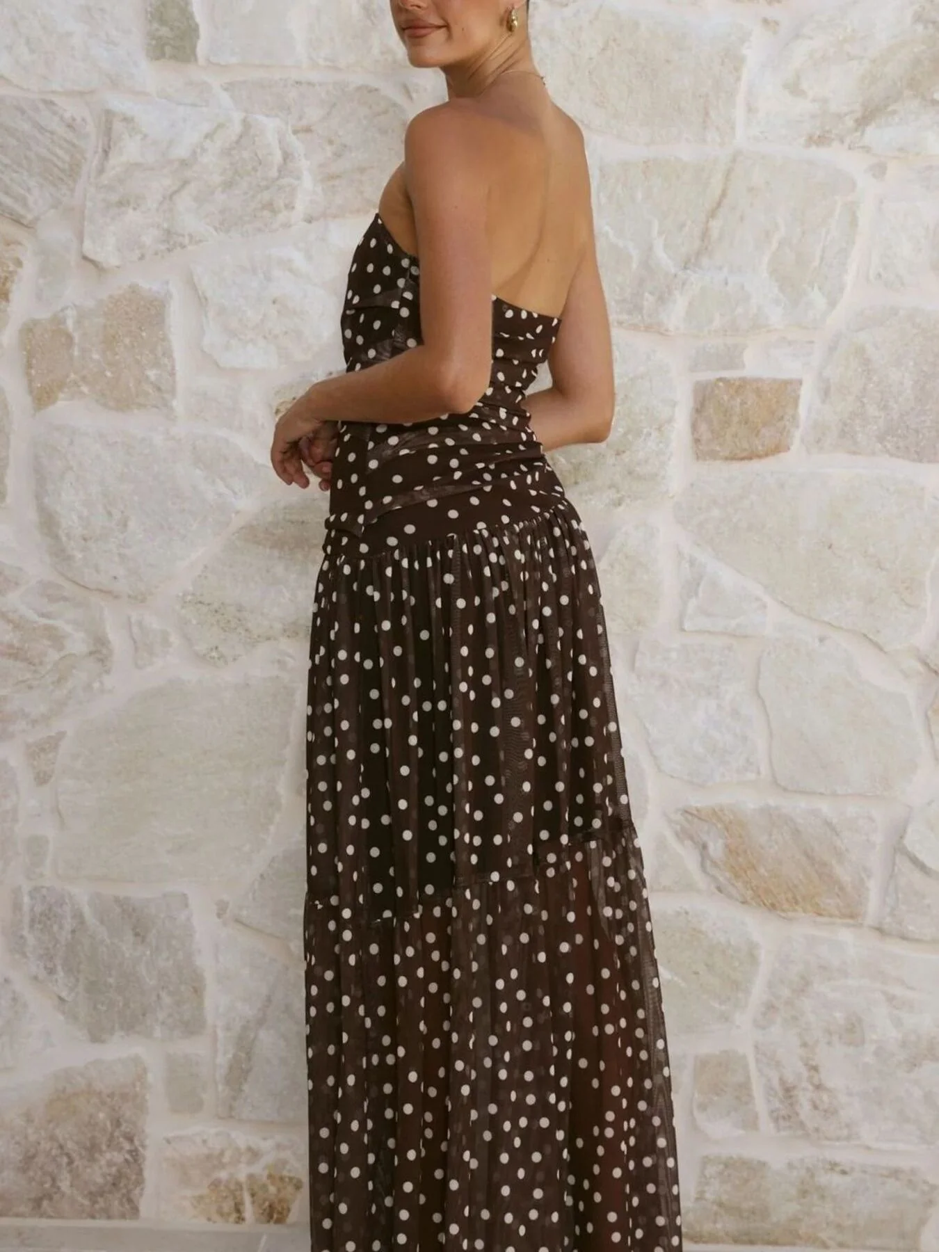 Polka Dot Strapless Ruched Maxi Dress - Image 14
