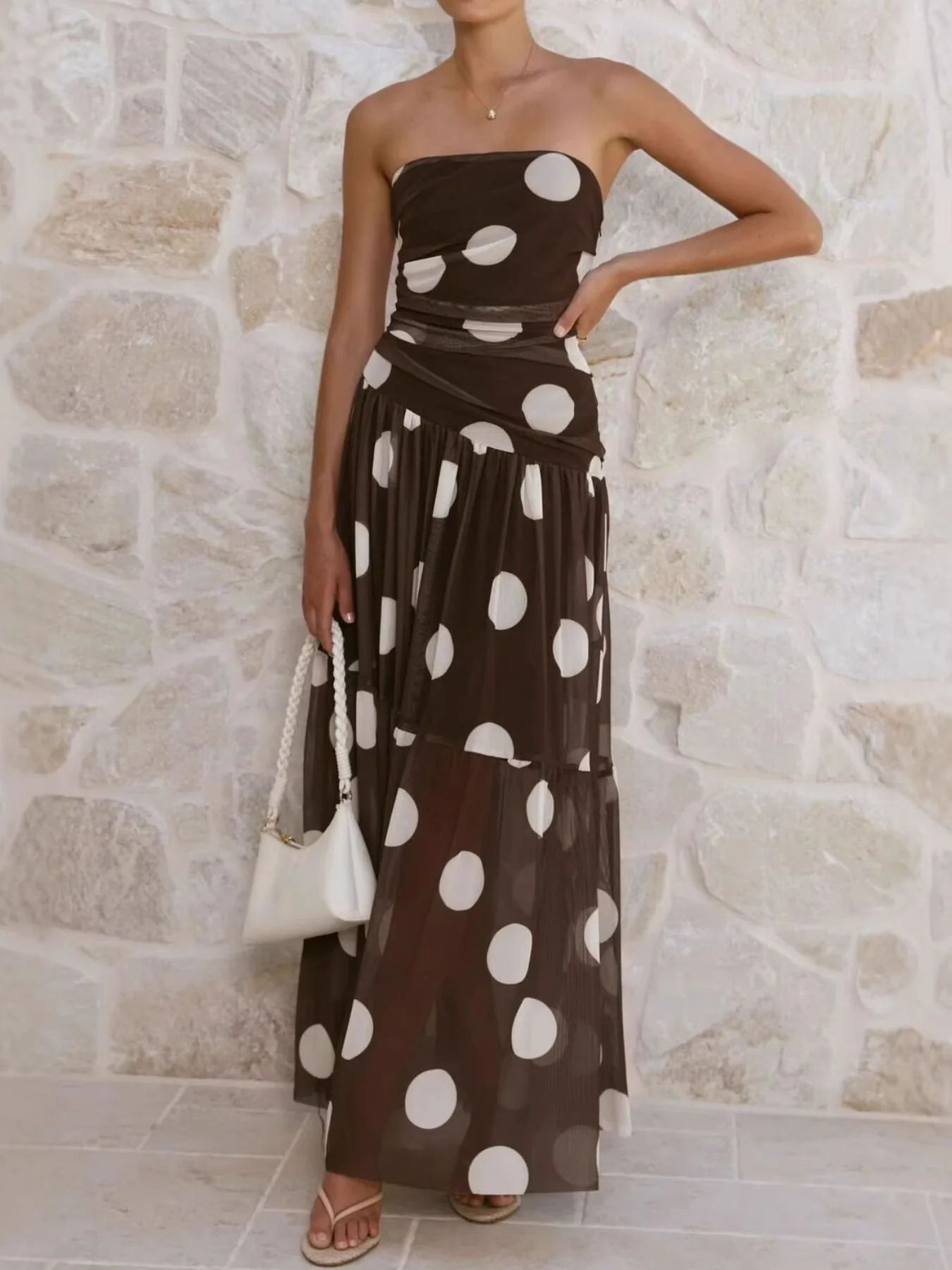 Polka Dot Strapless Ruched Maxi Dress - Image 8