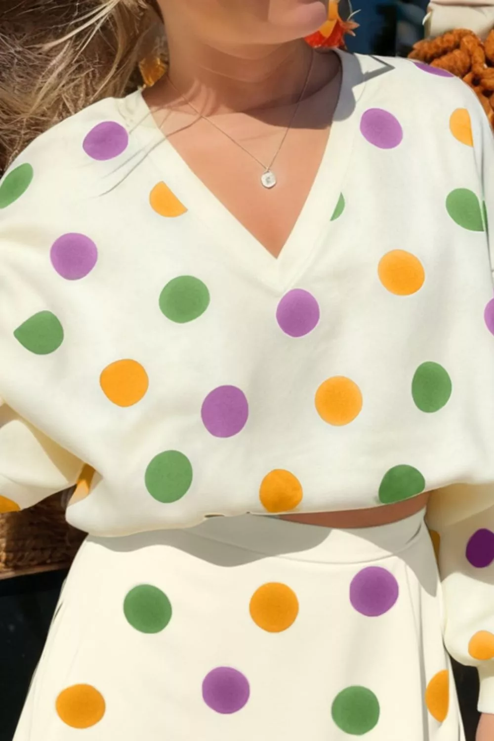 Polka Dot V-Neck Top and Skirt Set - Image 3