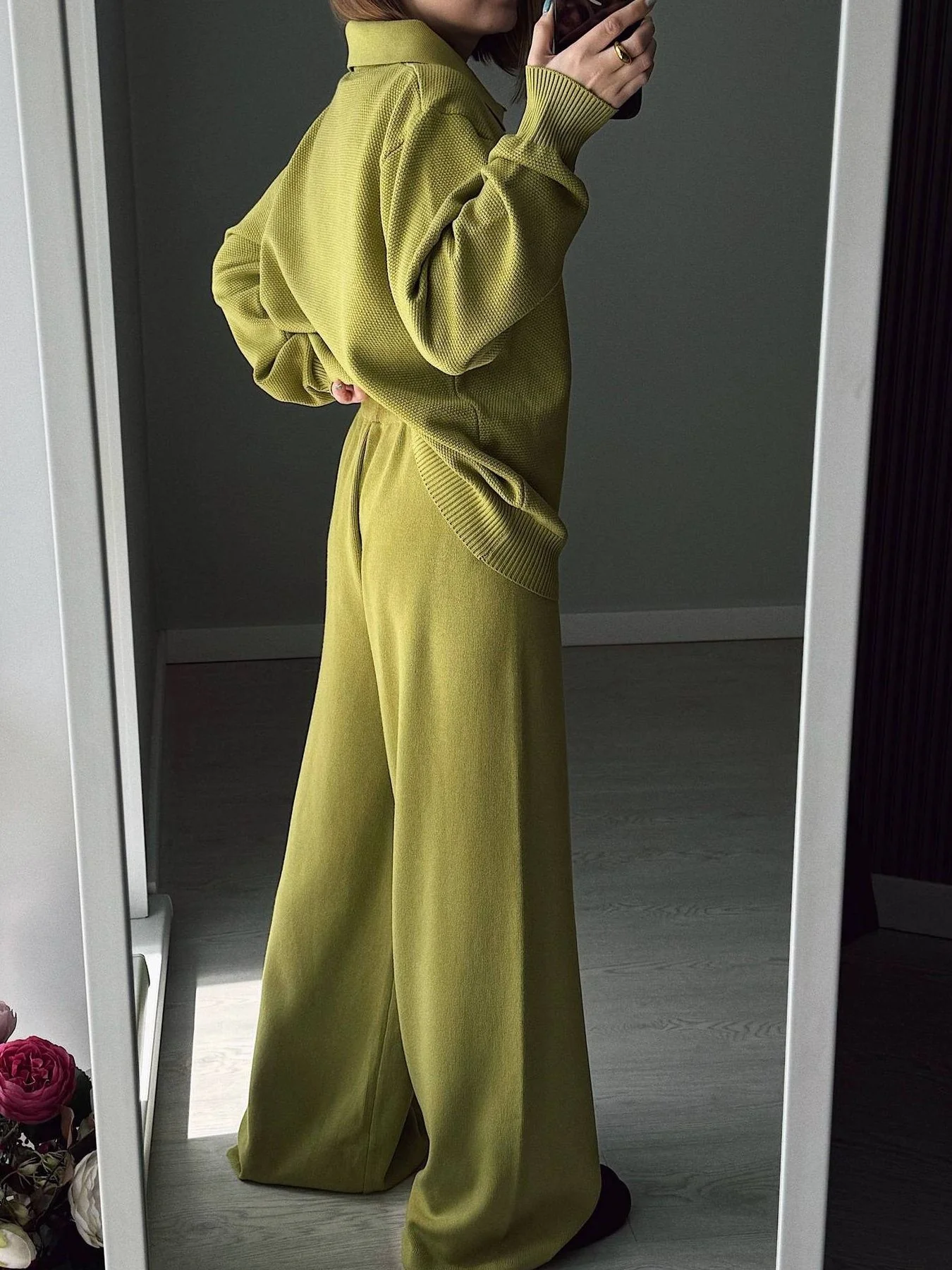 Polo Collar Top and Pants or Skirt Knit Set - Image 18