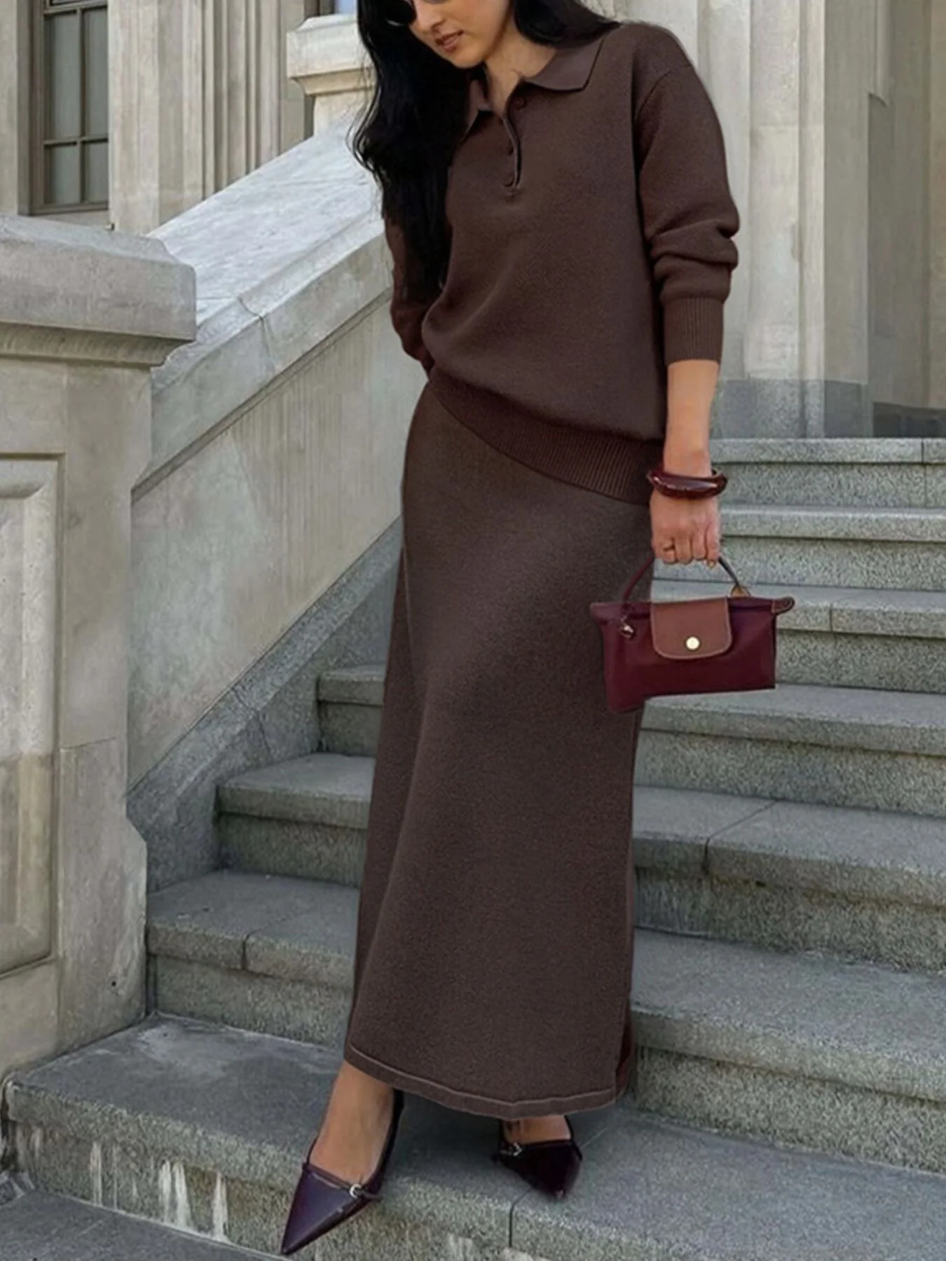 Polo Collar Top and Pants or Skirt Knit Set - Image 21
