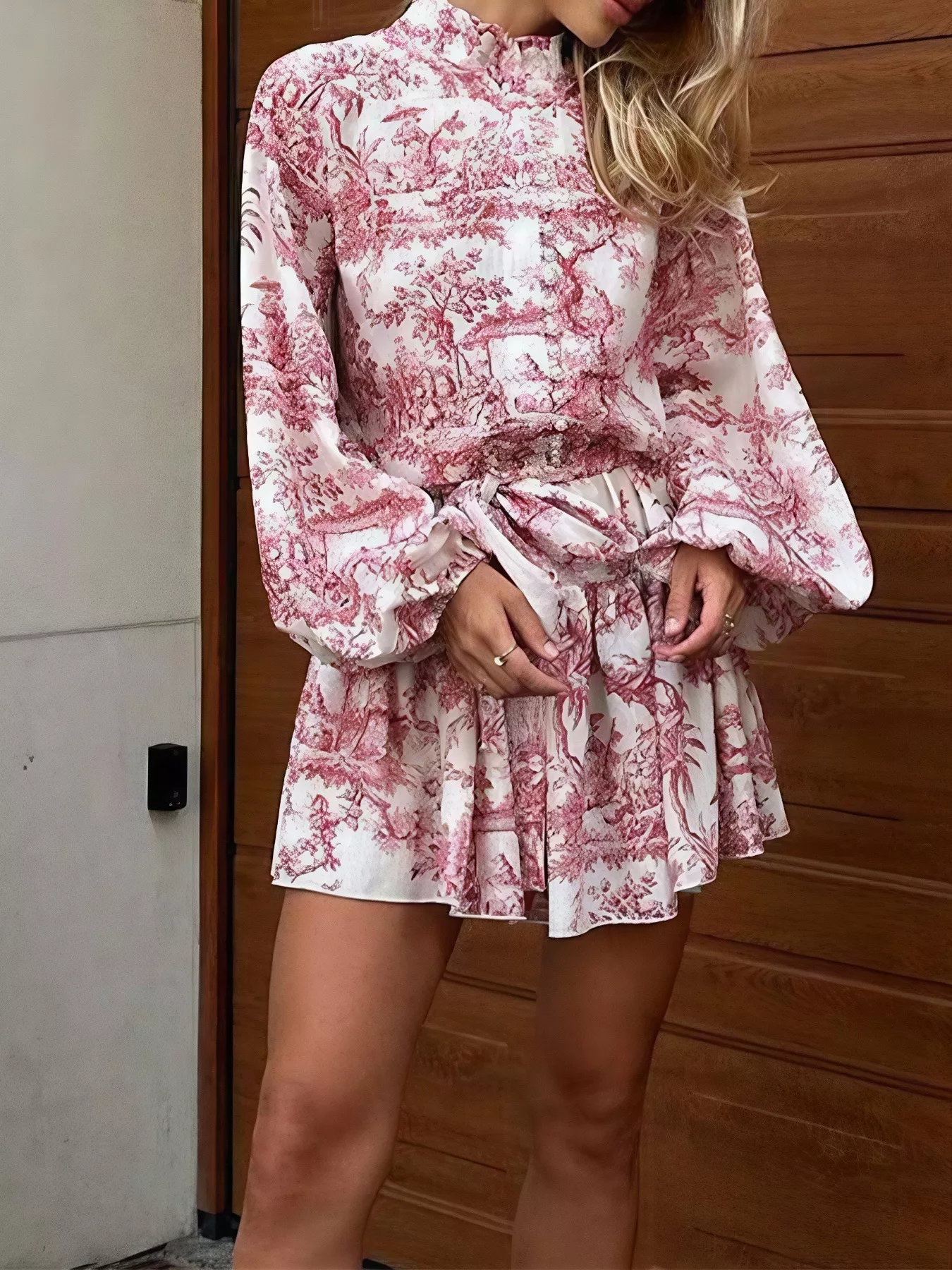 Printed Balloon Sleeve Tie Waist Dress - Image 10