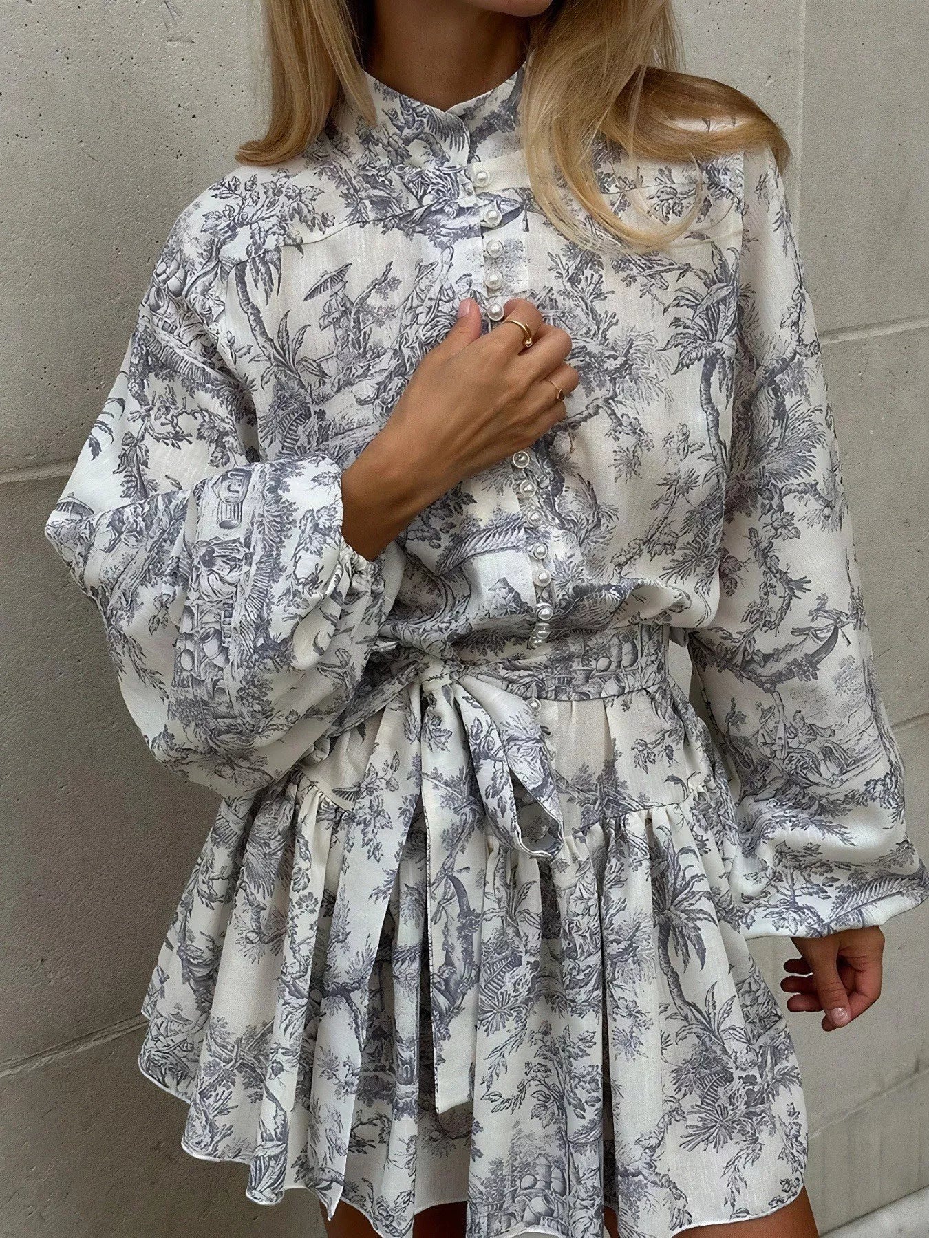Printed Balloon Sleeve Tie Waist Dress - Image 2