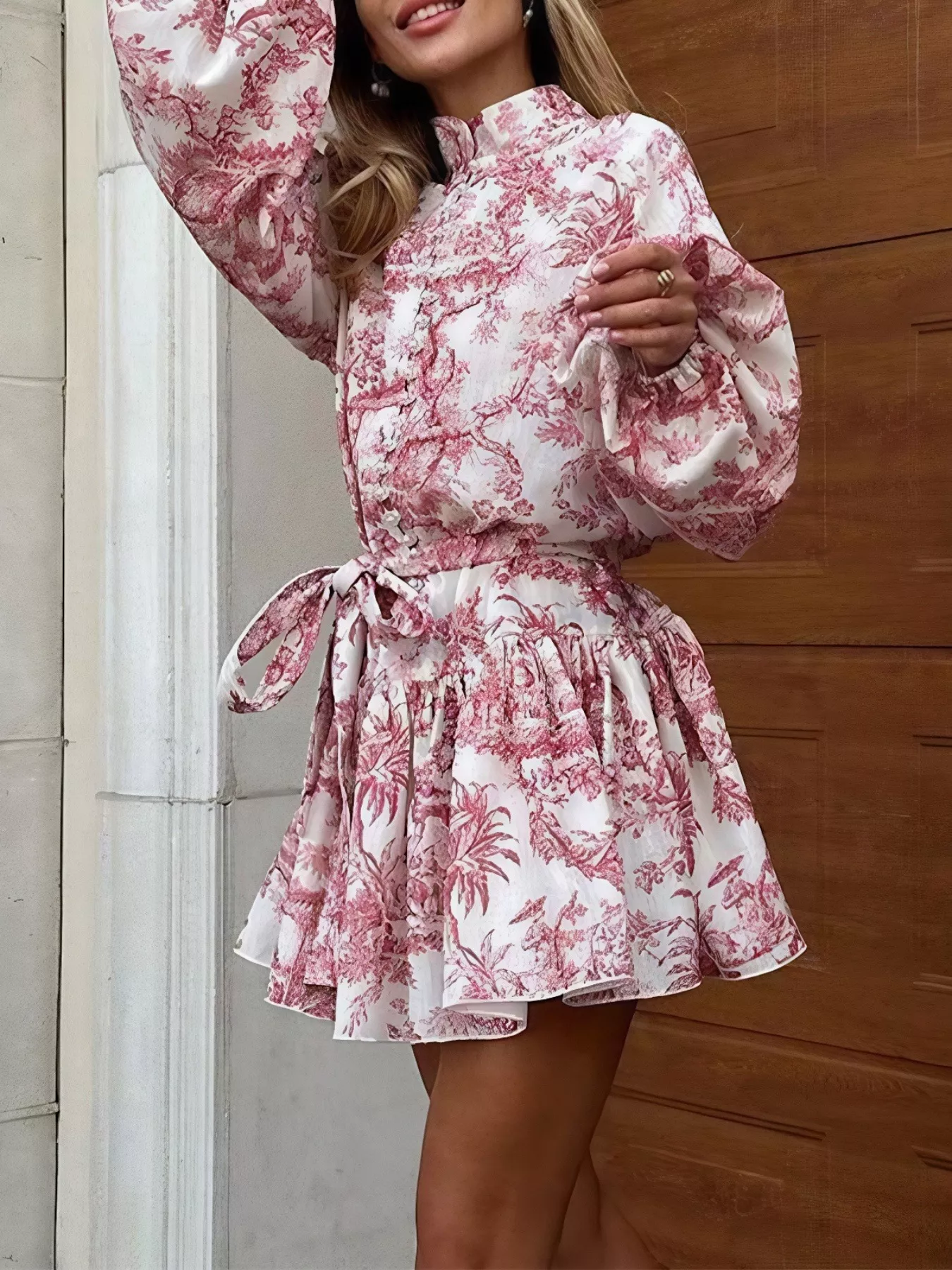 Printed Balloon Sleeve Tie Waist Dress - Image 9