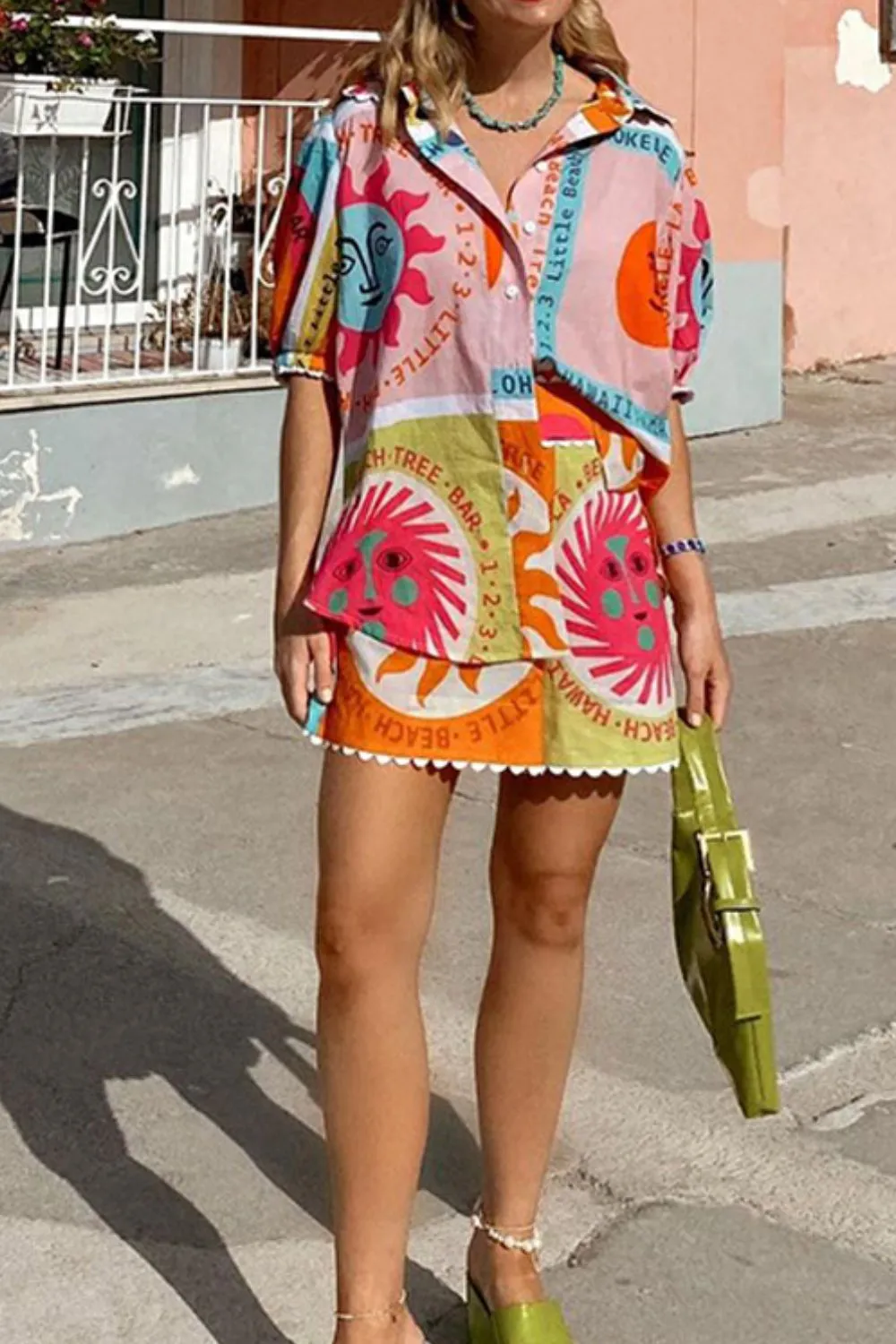 Printed Button Down Shirt and Shorts Set - Image 5