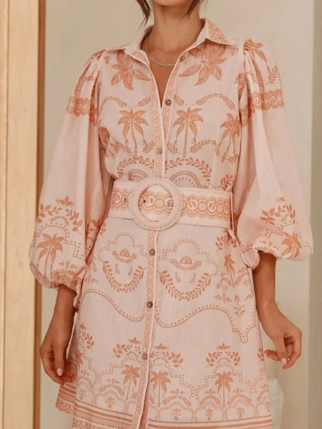 Printed Button Down Shirt Dress with Belt - Image 10
