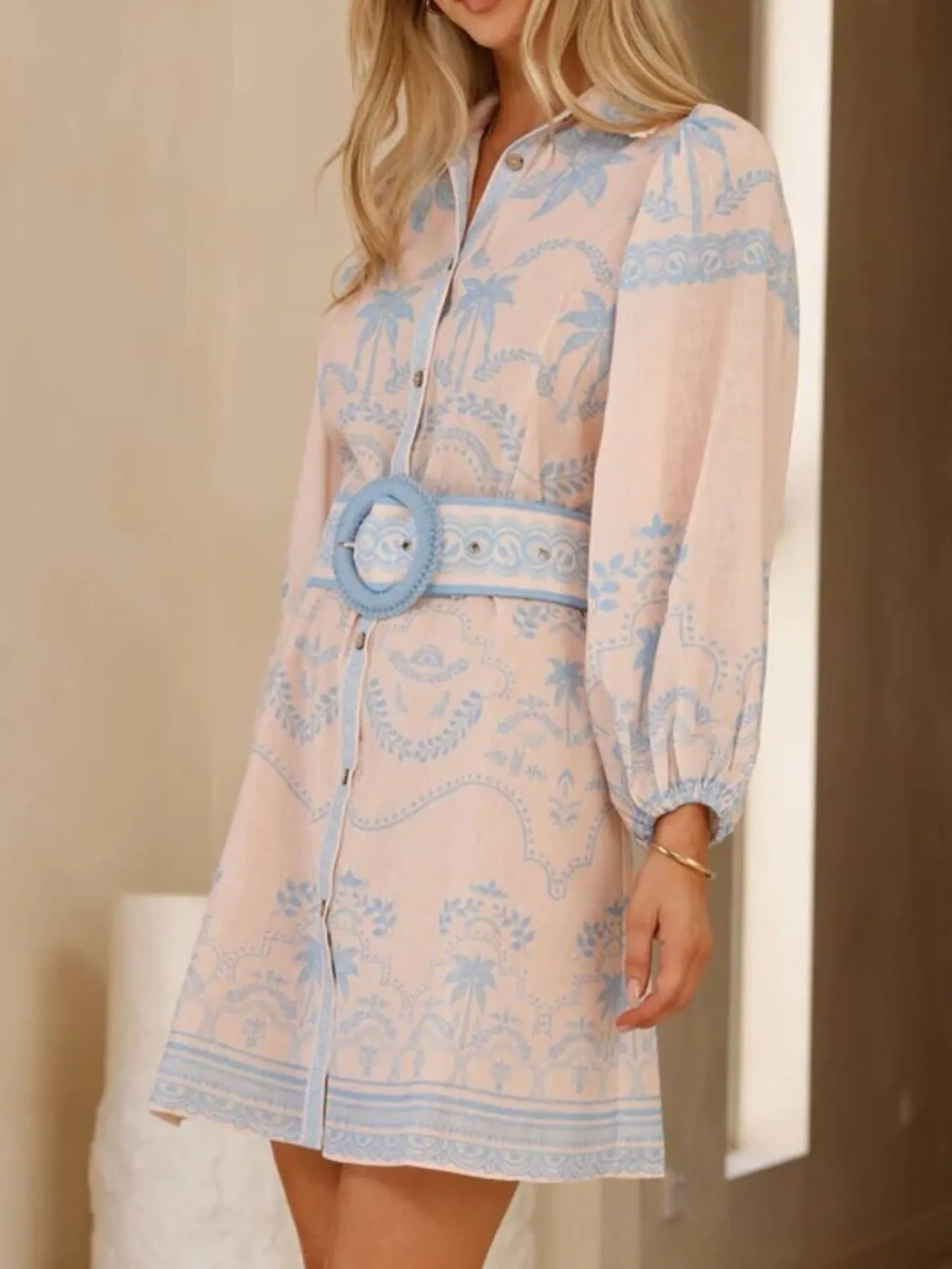 Printed Button Down Shirt Dress with Belt - Image 6
