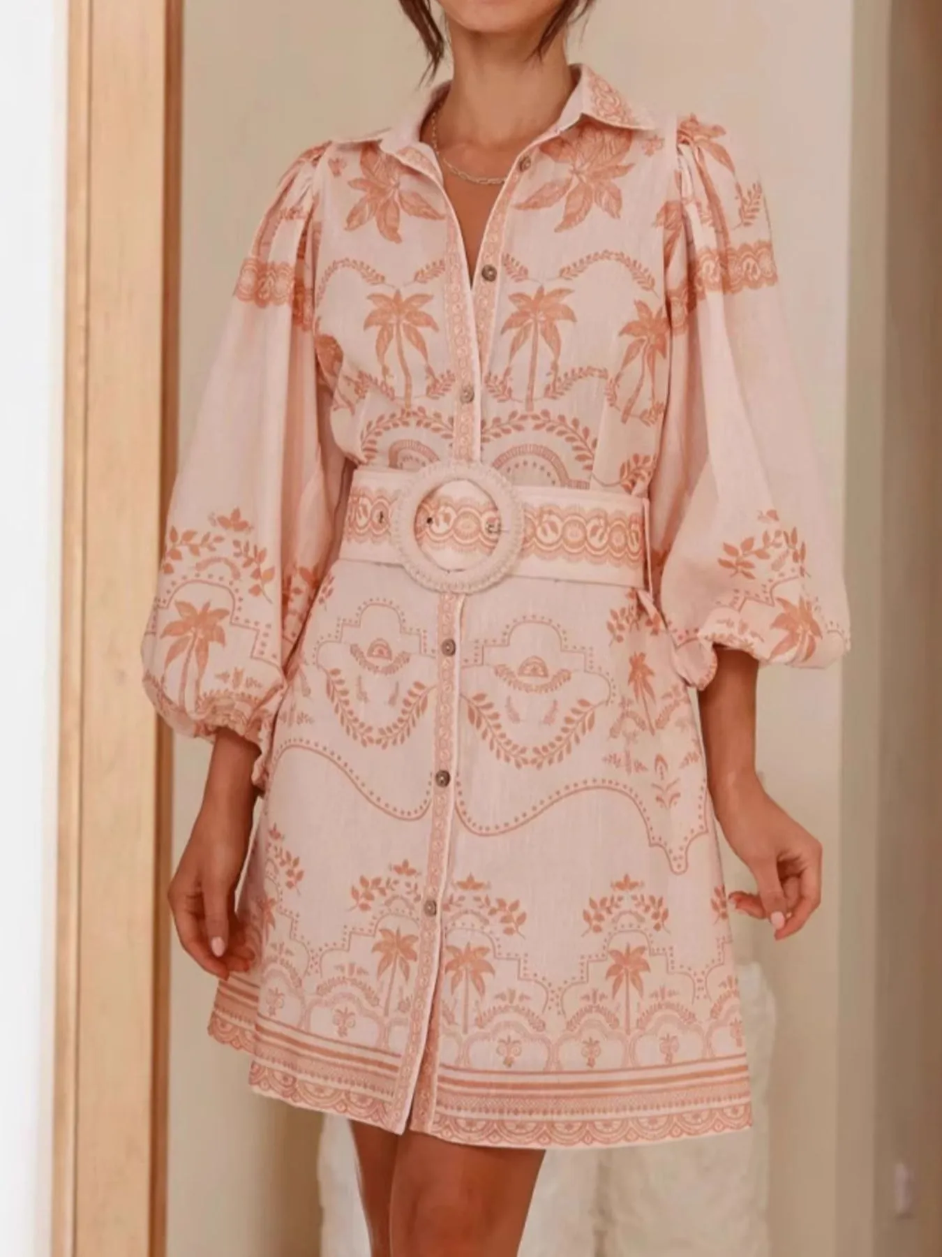 Printed Button Down Shirt Dress with Belt - Image 8
