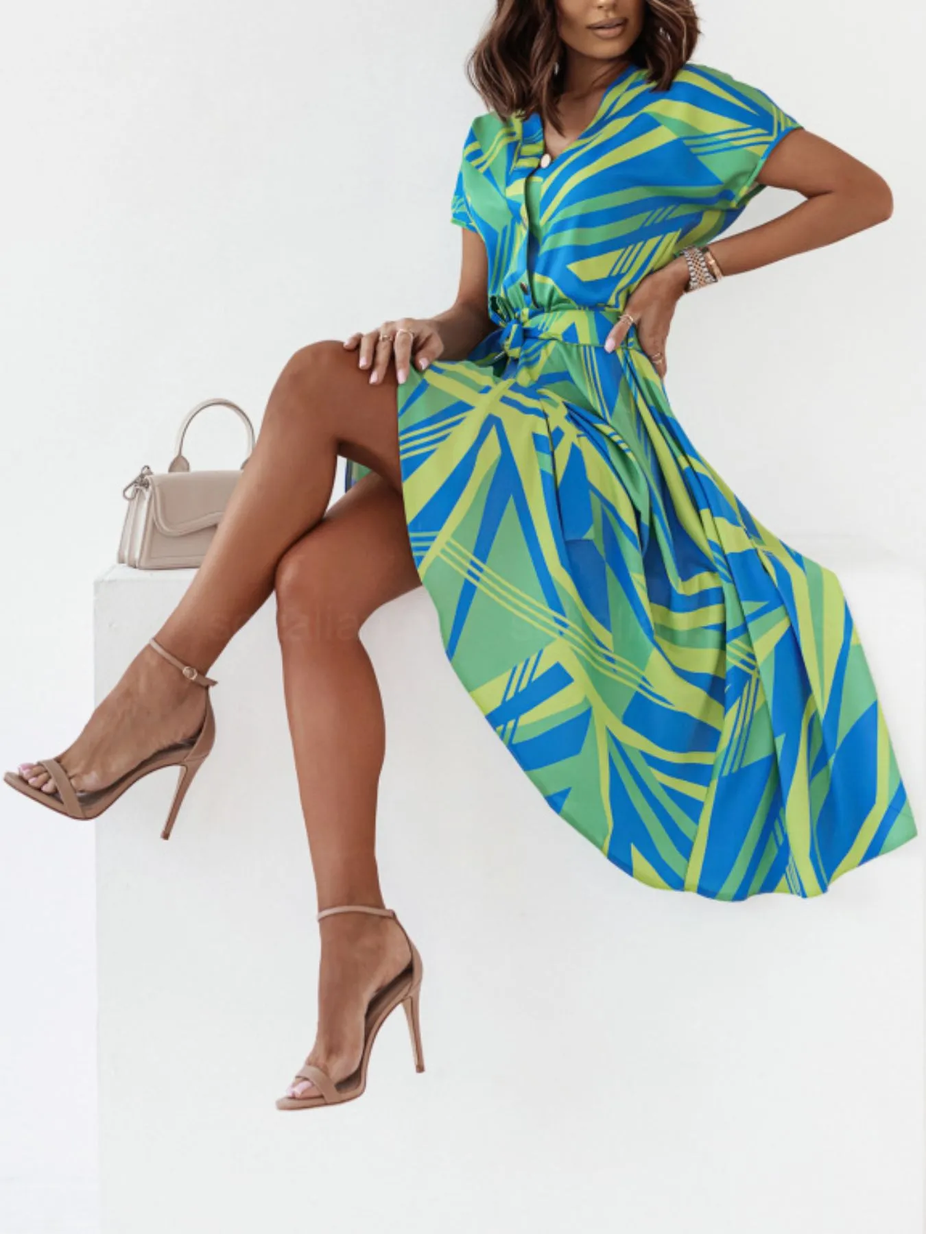 Printed Button Front Midi Dress with Belt - Image 3