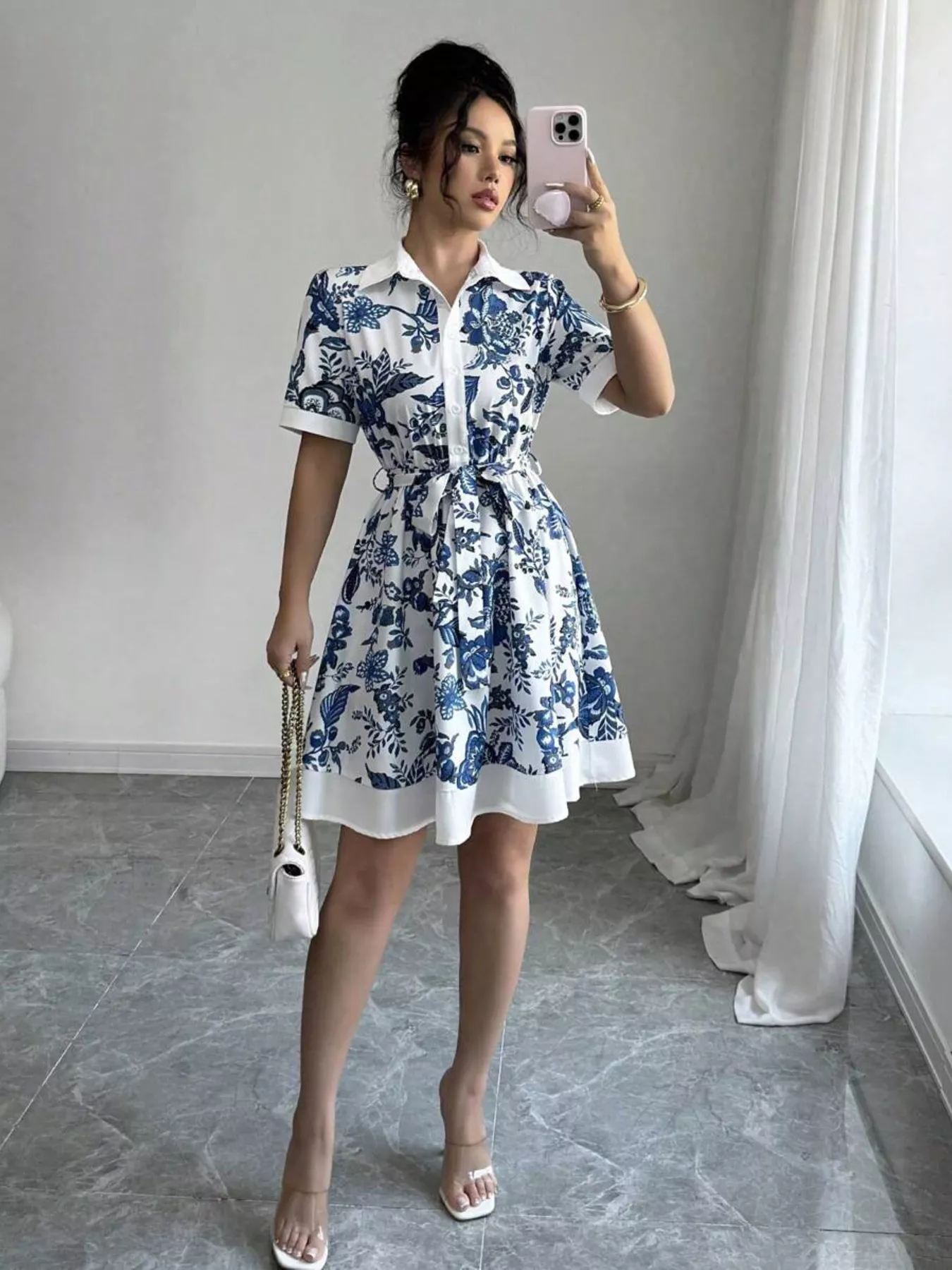 Printed Button Front Mini Dress - Image 3