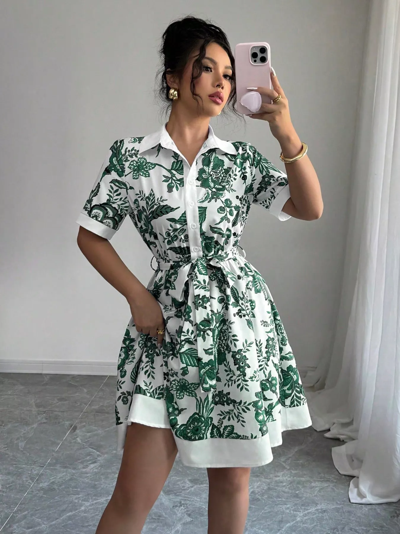 Printed Button Front Mini Dress - Image 8