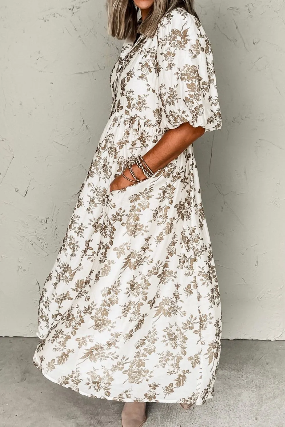 Printed Button Front Puff Sleeve Dress - Image 4