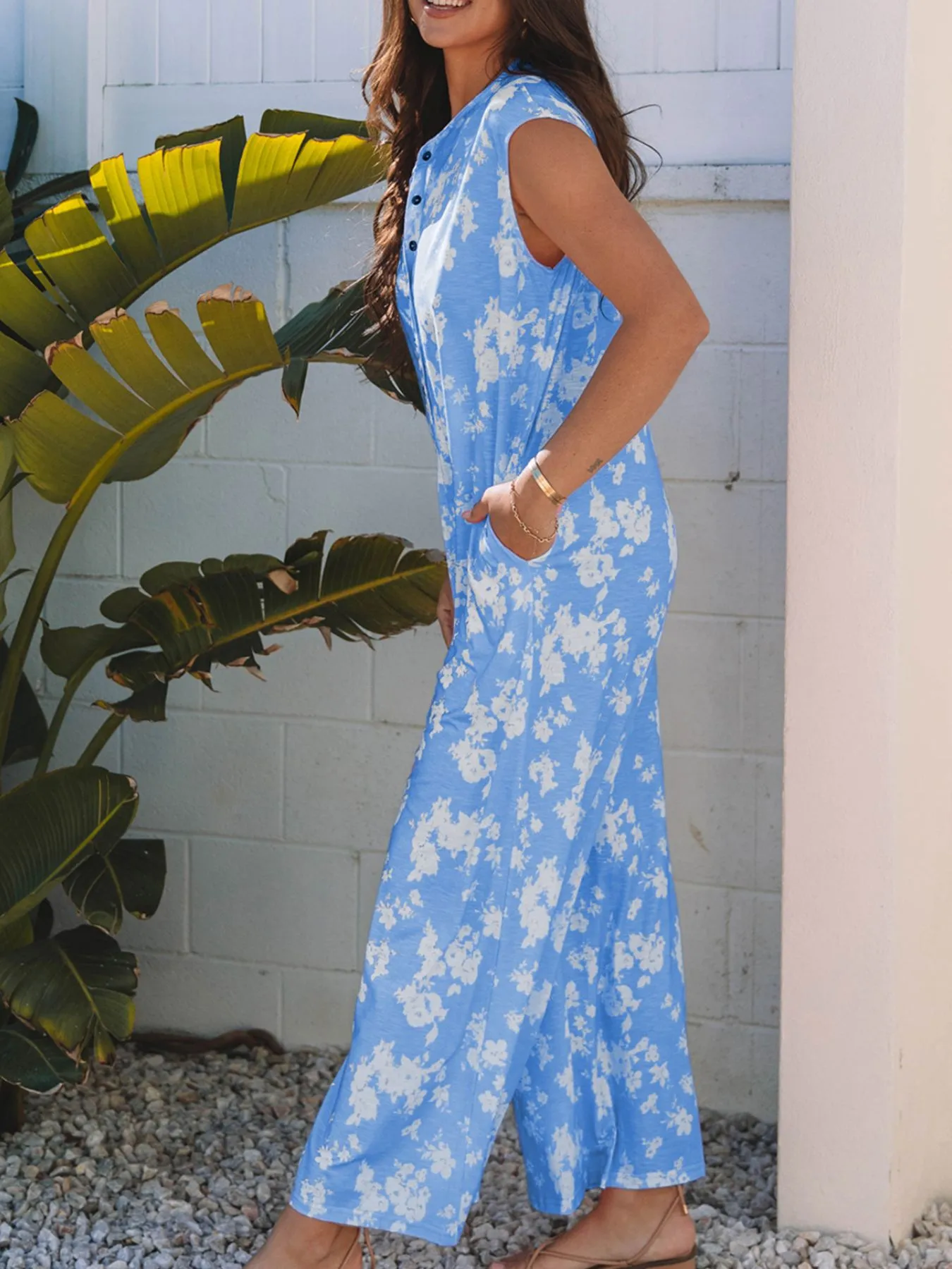 Printed Button-Front Wide Leg Jumpsuit - Image 4