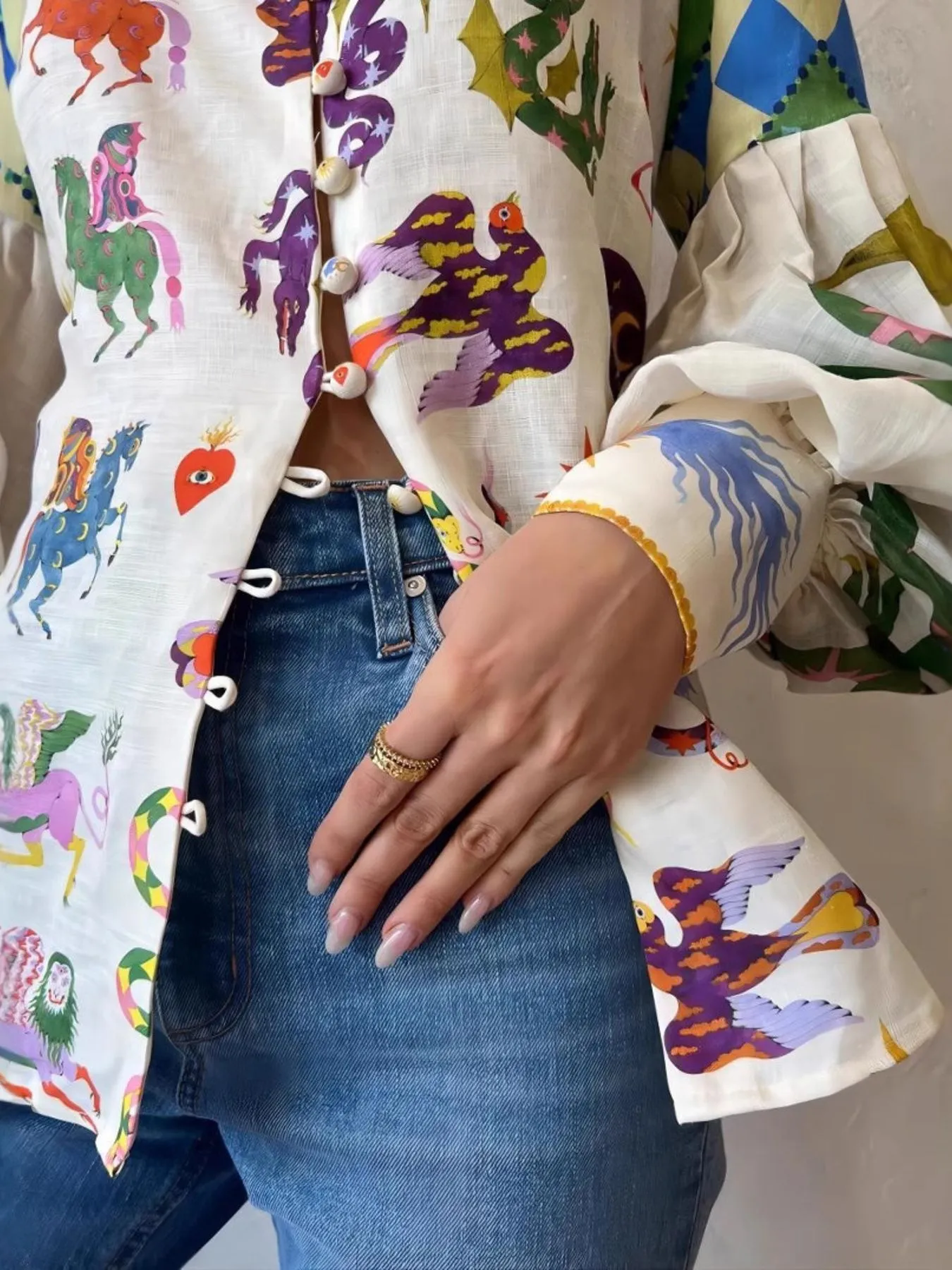 Printed Button Up Lantern Sleeve Shirt - Image 2