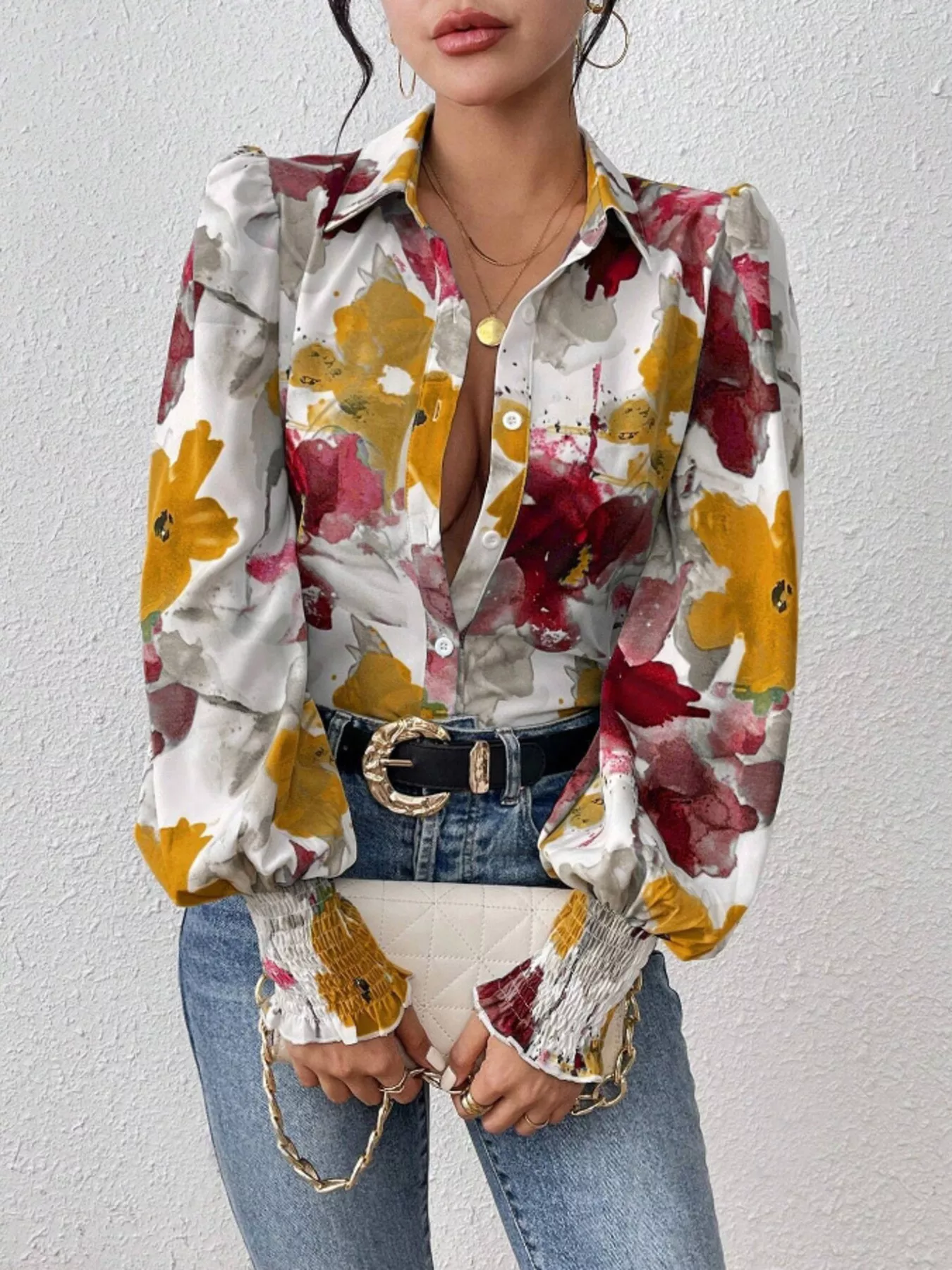 Printed Button Up Lantern Sleeve Shirt - Image 18