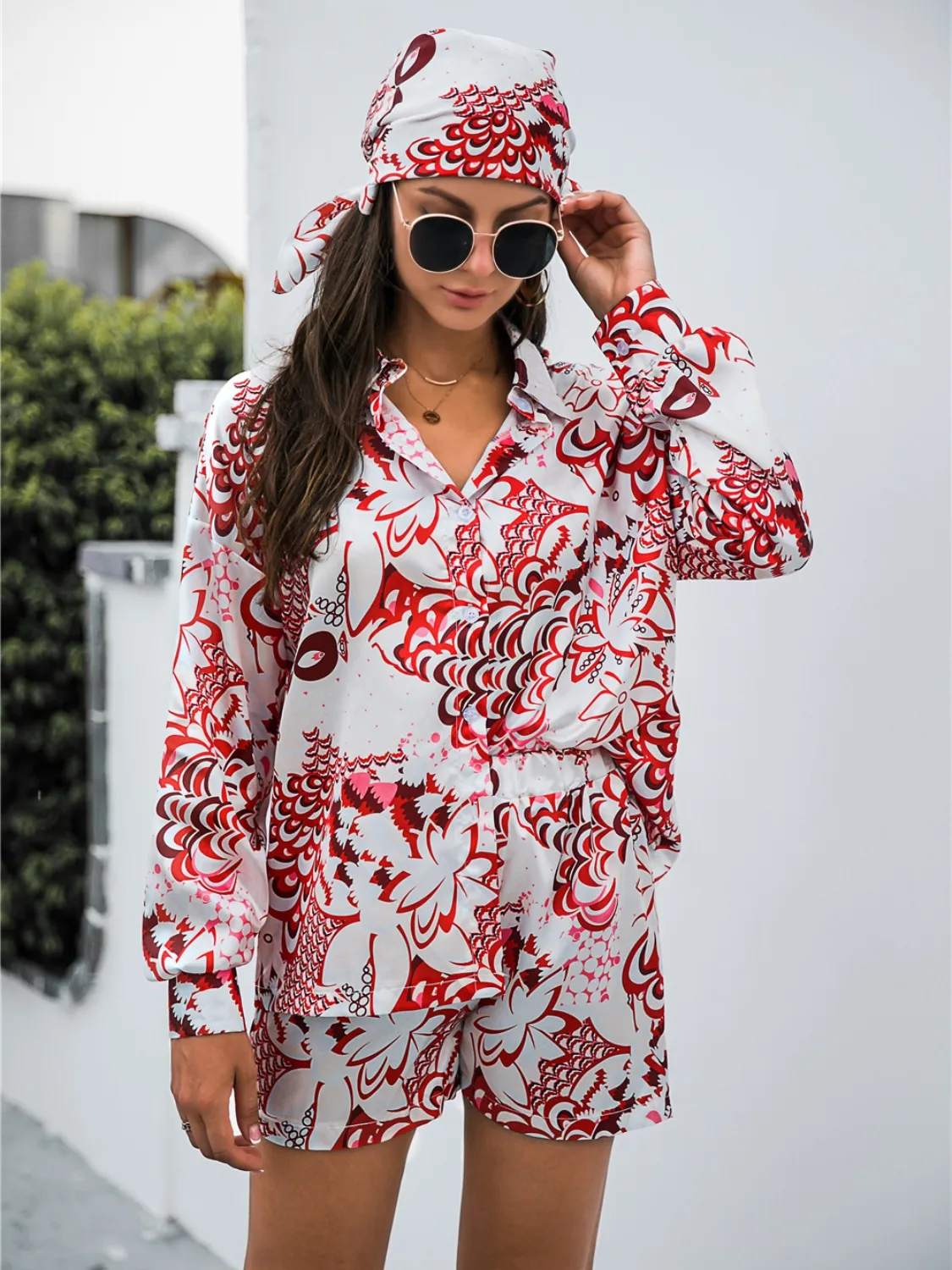 Printed Button Up Long Sleeve Shirt and Shorts Set - Image 18