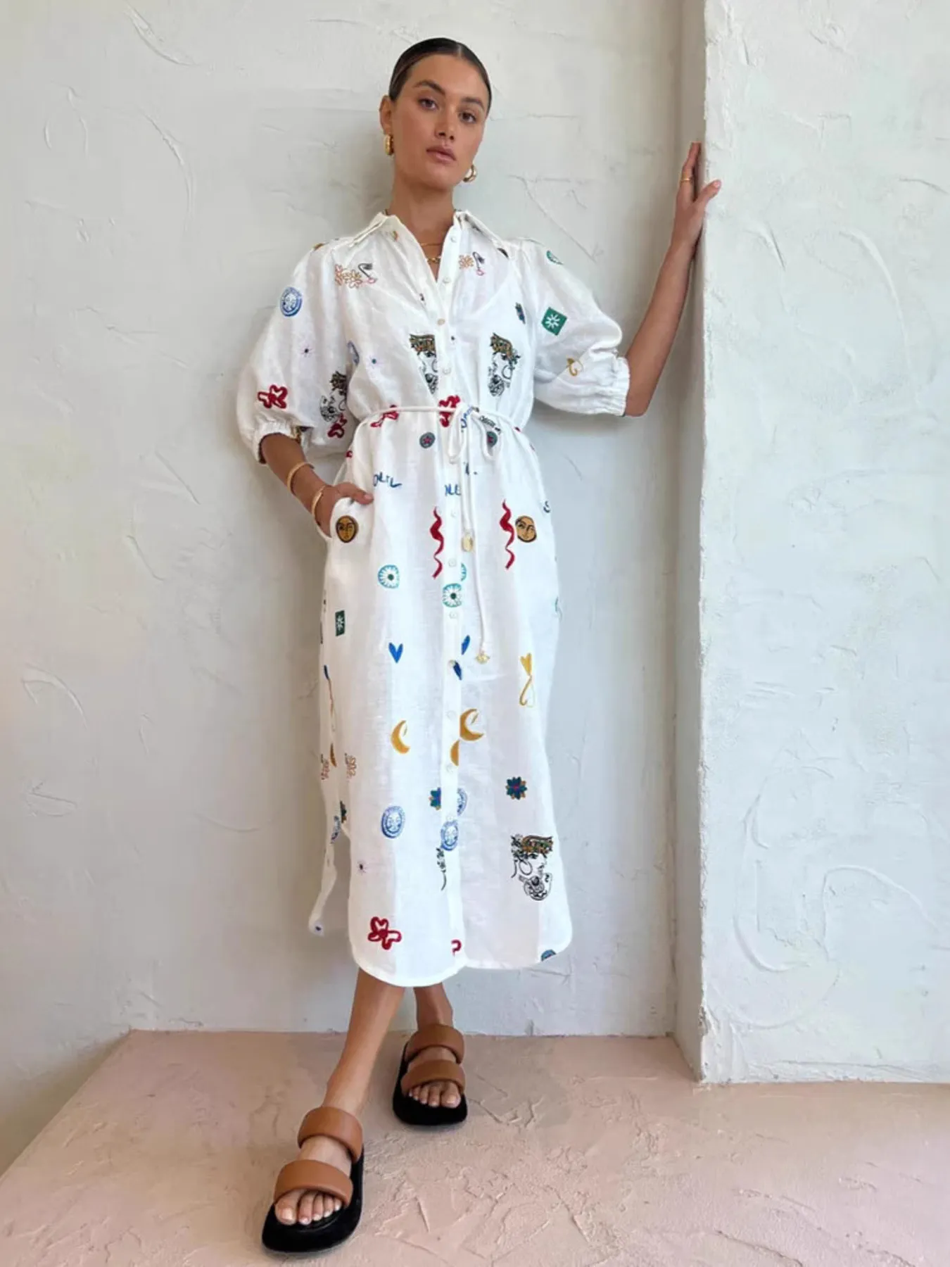 Printed Button Up Midi Shirt Dress - Image 3