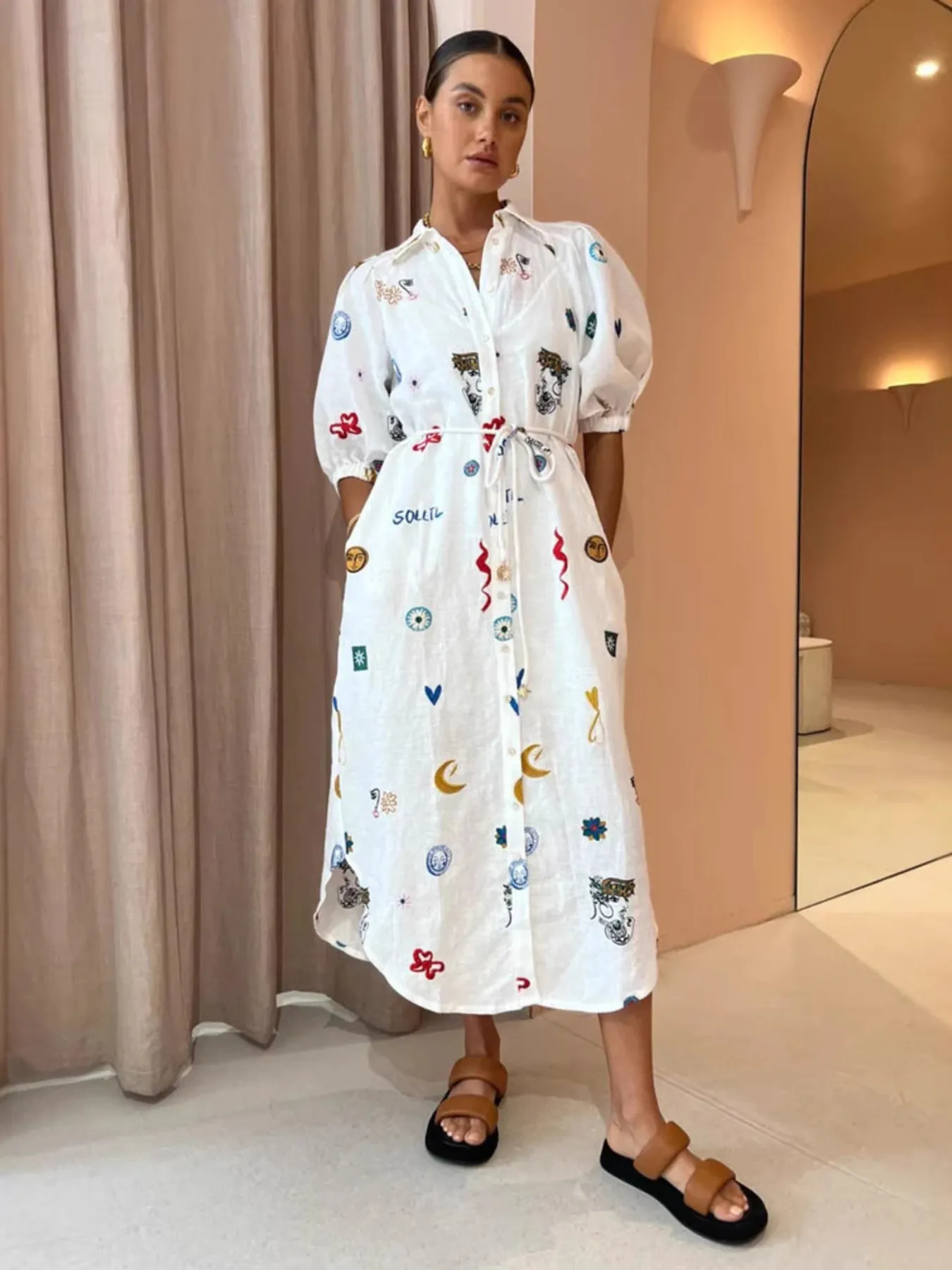 Printed Button Up Midi Shirt Dress - Image 4