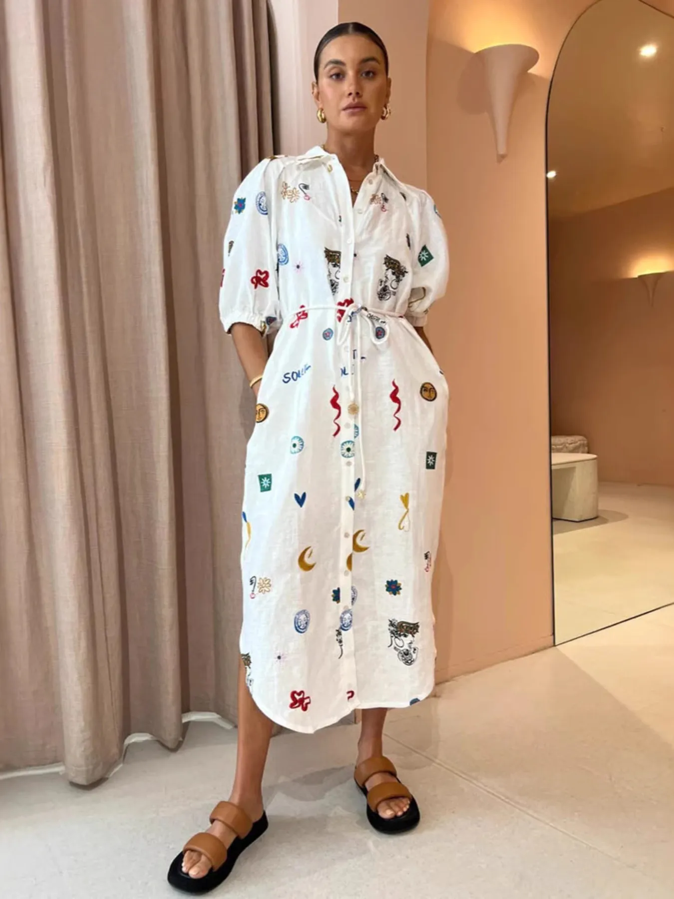 Printed Button Up Midi Shirt Dress - Image 9