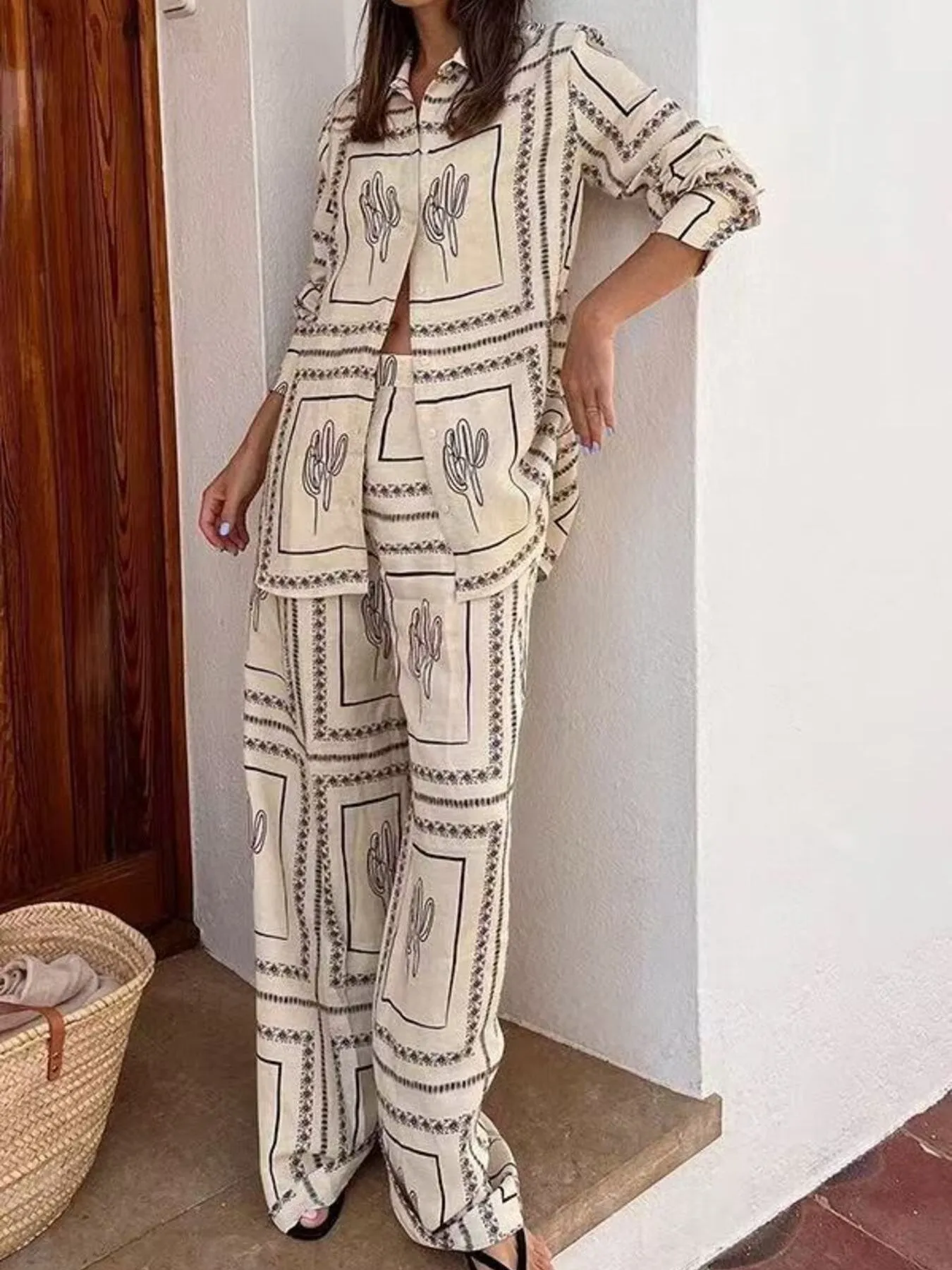 Printed Button Up Shirt and Pants Set - Image 2