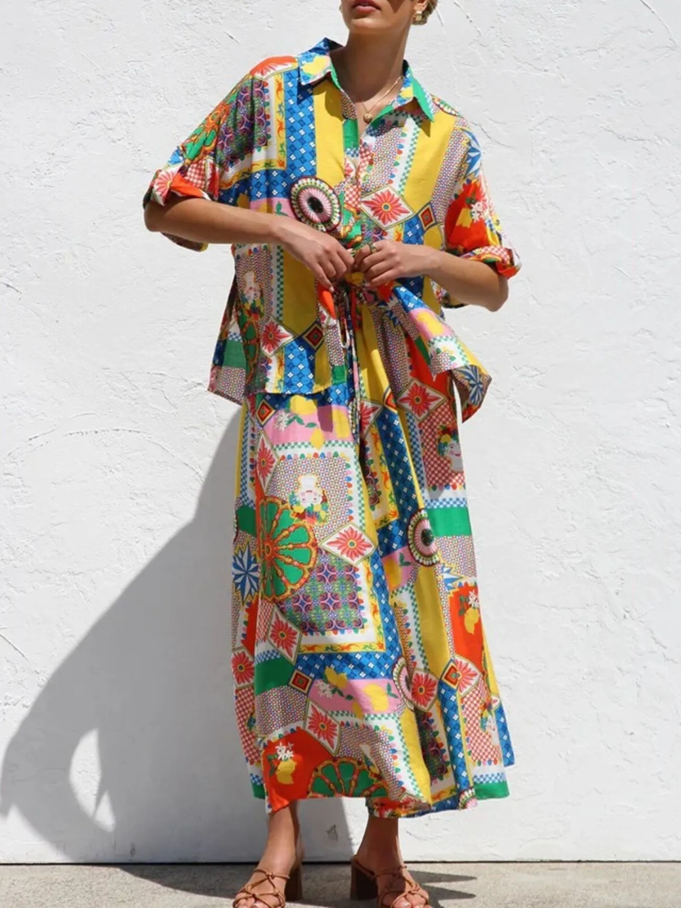 Printed Button Up Shirt and Pants Set - Image 2