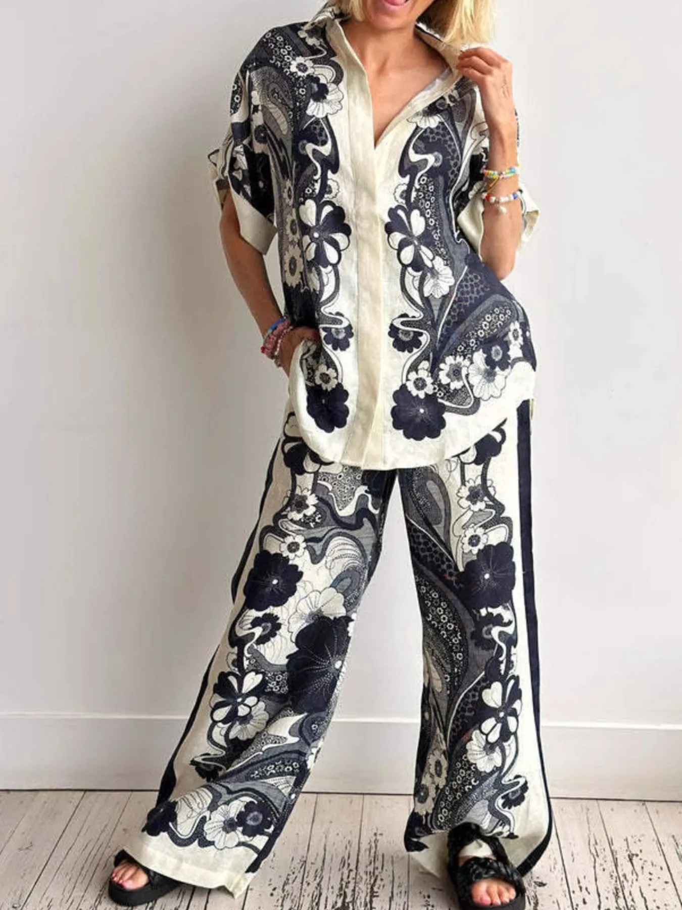 Printed Button Up Shirt and Pants Set - Image 5