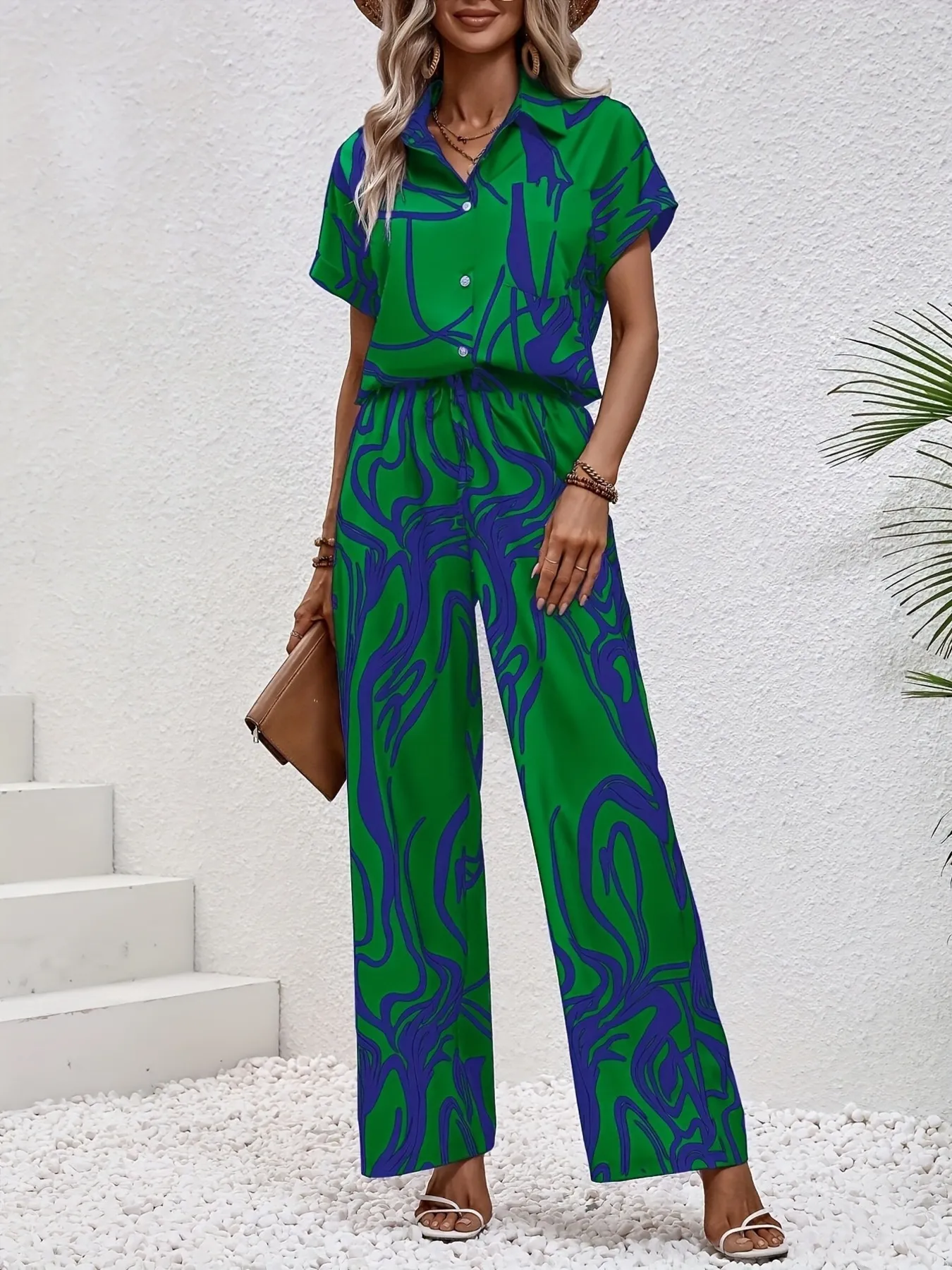 Printed Button Up Shirt and Pants Set - Image 5