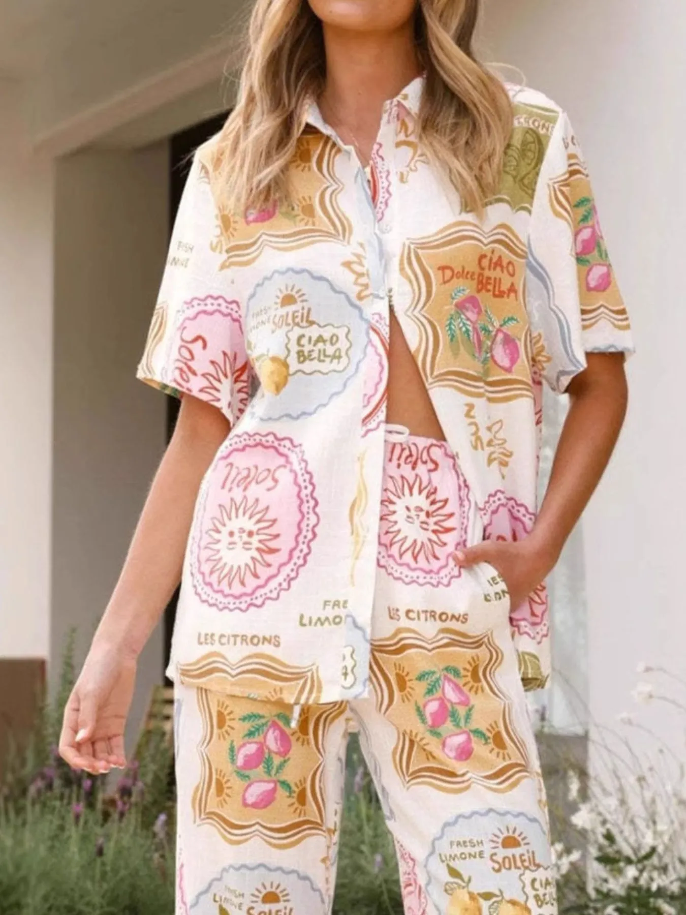 Printed Button Up Shirt and Pants Set - Image 5