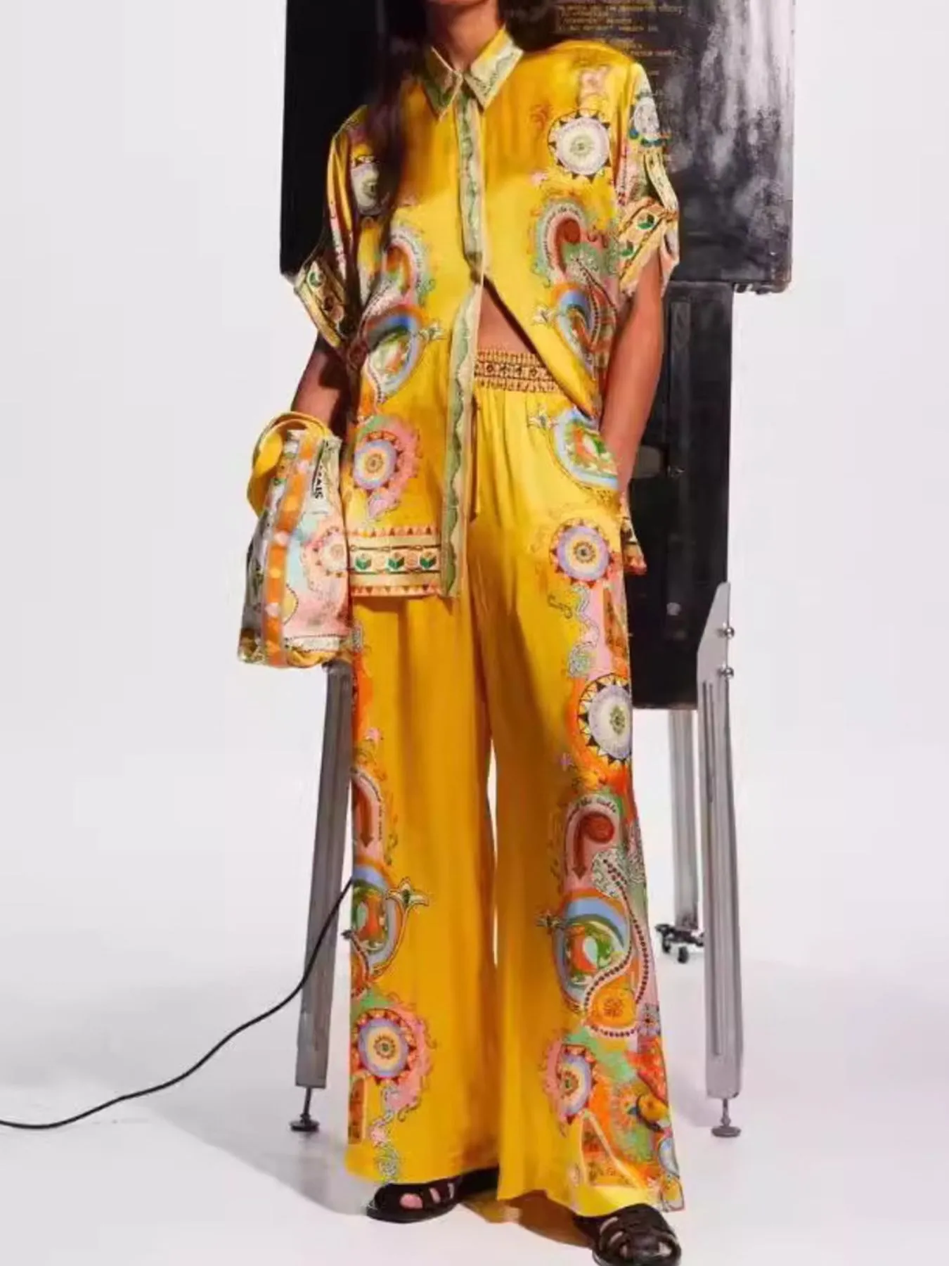 Printed Button Up Shirt and Pants Set