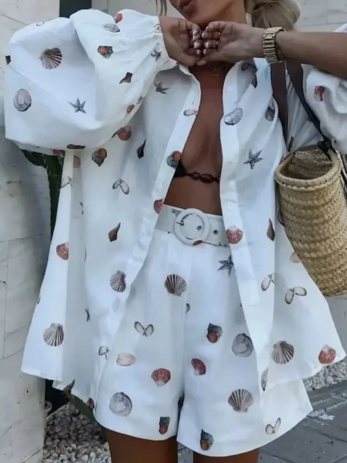 Printed Button Up Shirt and Shorts Set - Image 4