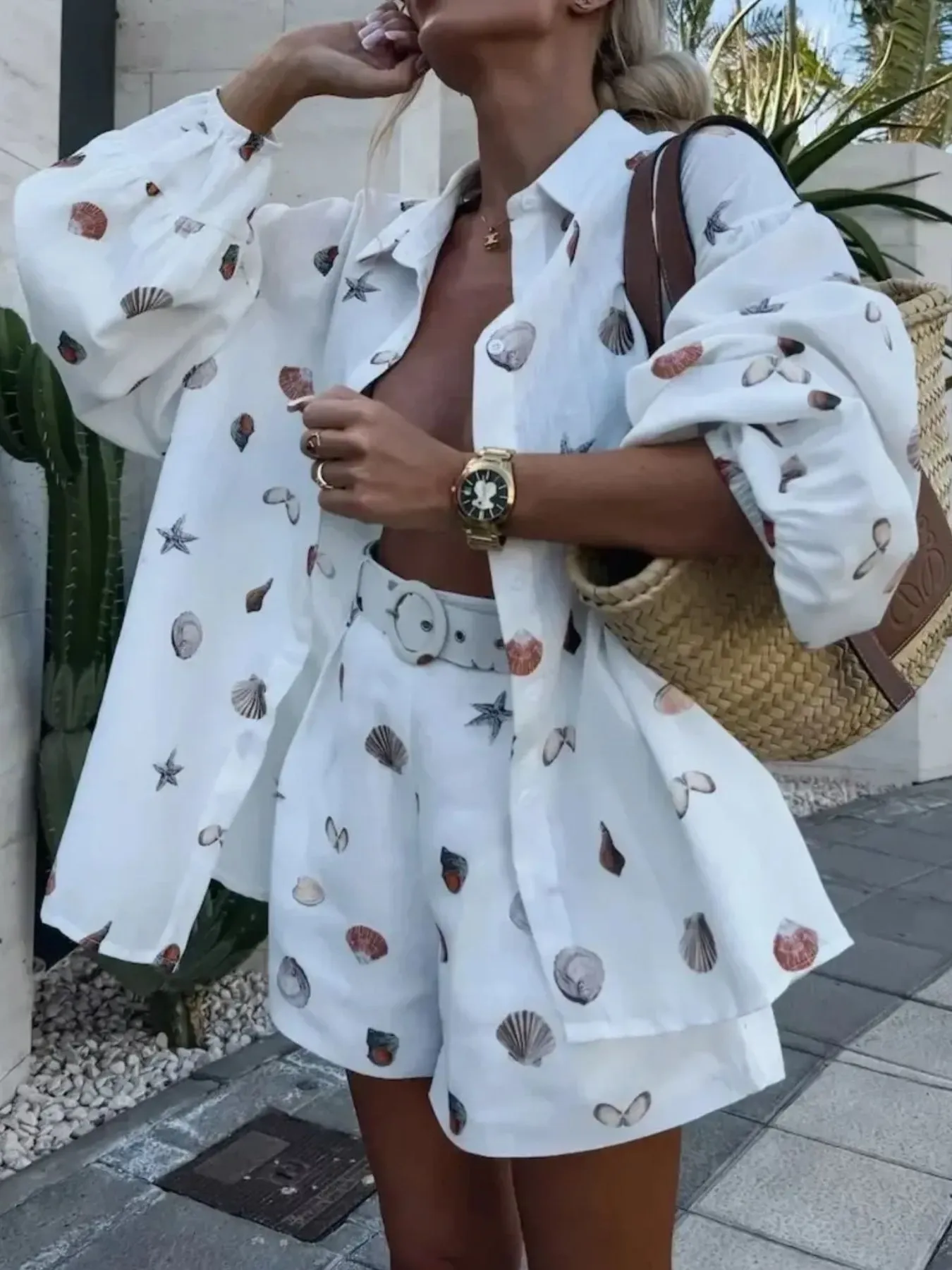 Printed Button Up Shirt and Shorts Set - Image 5