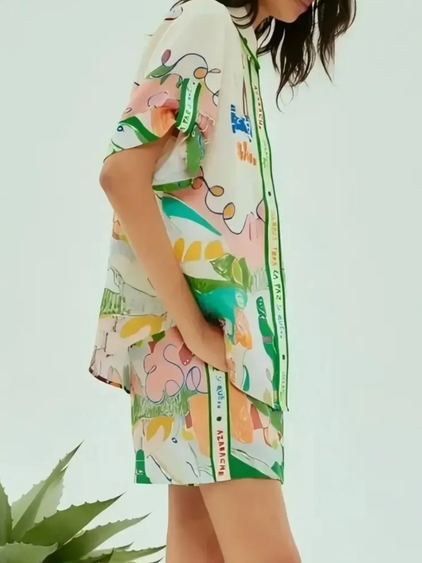 Printed Button Up Shirt and Shorts Set - Image 3