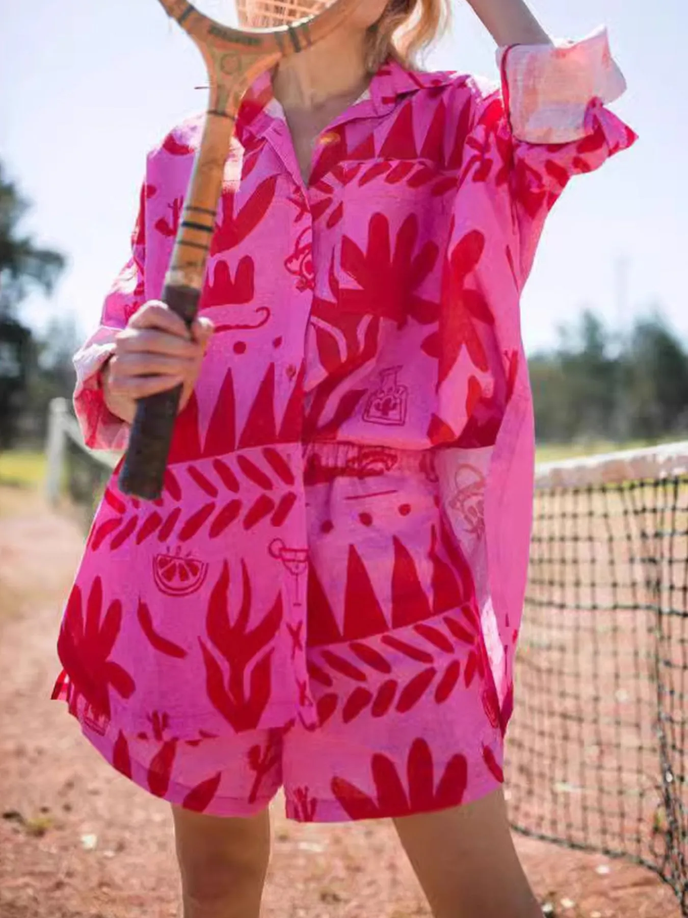 Printed Button Up Shirt and Shorts Set - Image 4