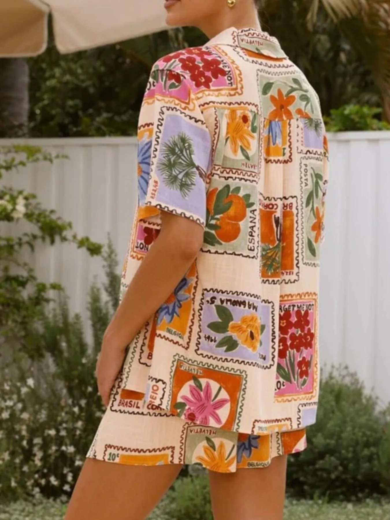 Printed Button Up Shirt and Shorts Set - Image 3