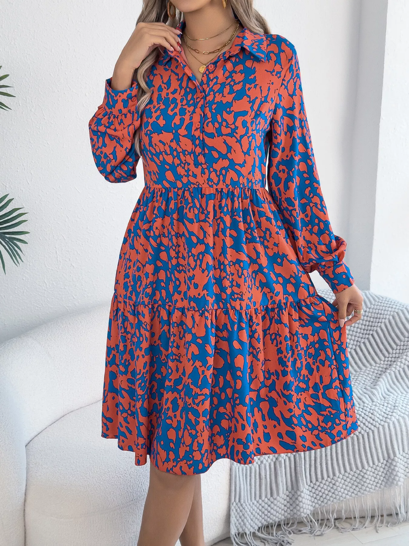 Printed Collared Neck Long Sleeve Dress - Image 11