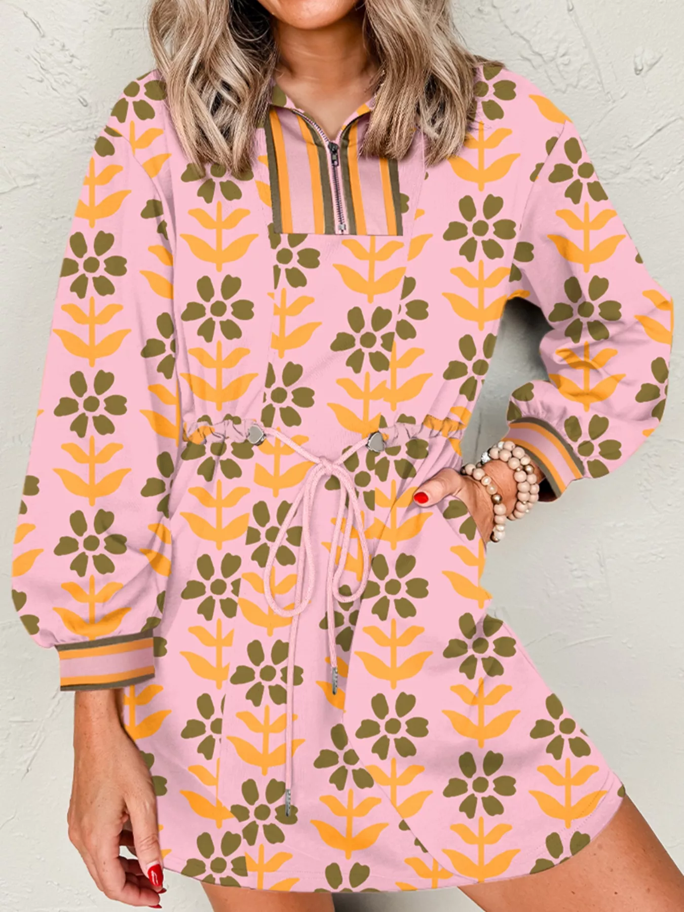 Printed Drawstring Waist Mini Dress - Image 2