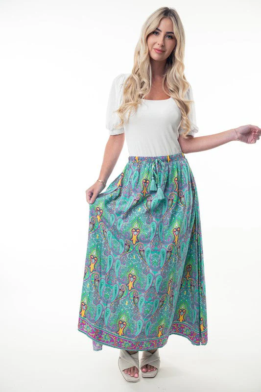 Printed Elastic Waist Band Long Skirt with Tassels in Mint Combo - Image 3